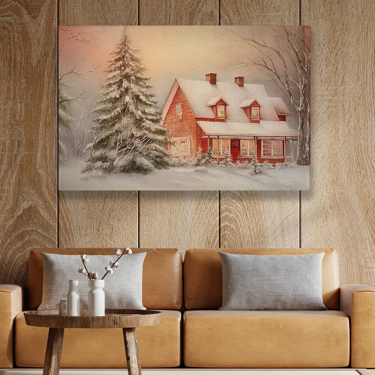 Golden Glow At Dusk A Cozy Winter Retreat Amidst the Whispering Pinesh Christmas Canvas Painting, Xmas Wall Art Decor - Christmas Poster Gift