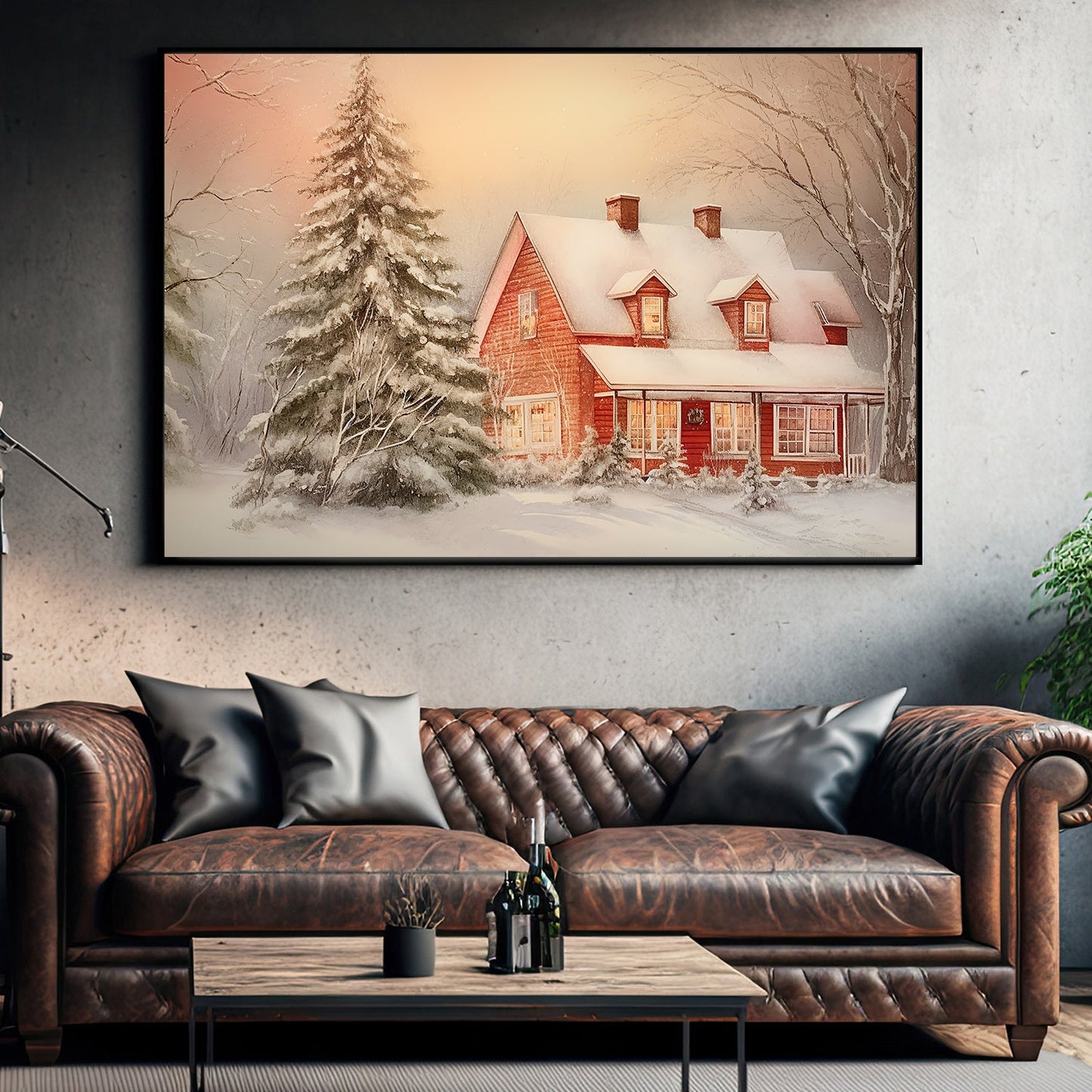 Golden Glow At Dusk A Cozy Winter Retreat Amidst the Whispering Pinesh Christmas Canvas Painting, Xmas Wall Art Decor - Christmas Poster Gift