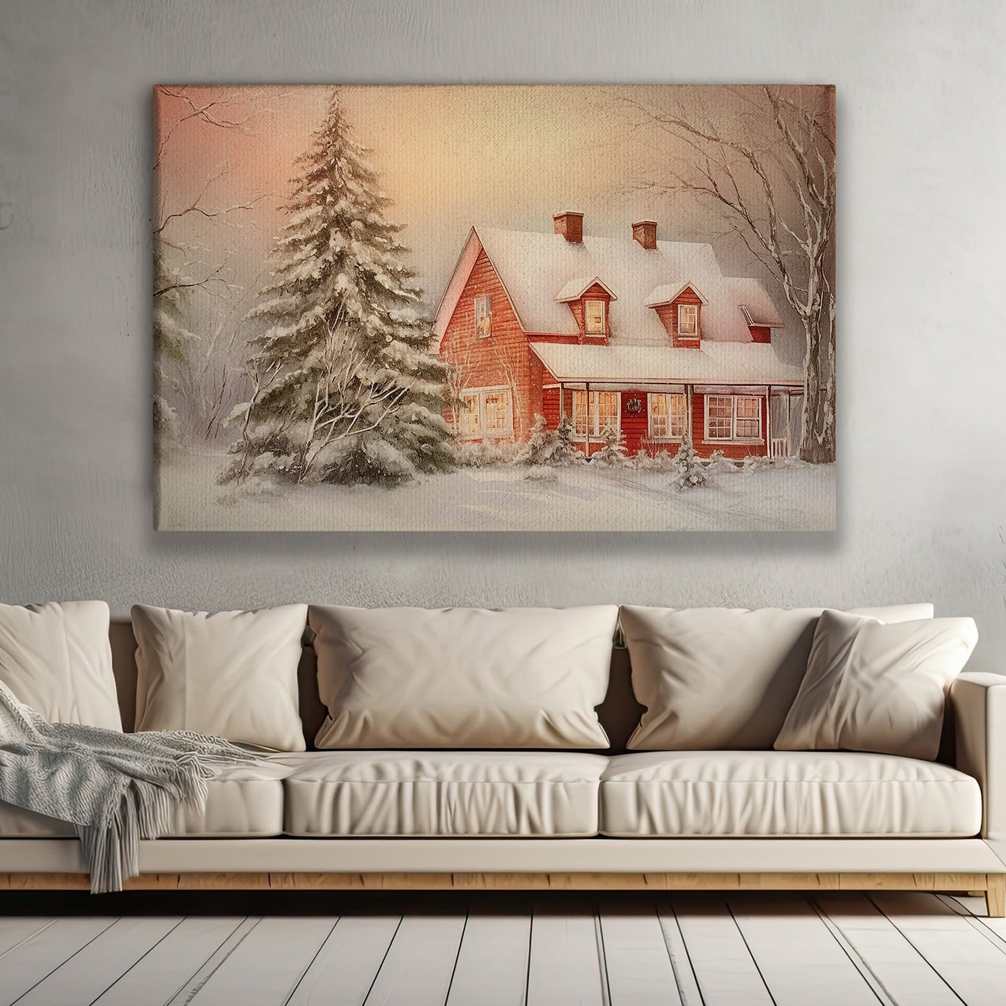 Golden Glow At Dusk A Cozy Winter Retreat Amidst the Whispering Pinesh Christmas Canvas Painting, Xmas Wall Art Decor - Christmas Poster Gift