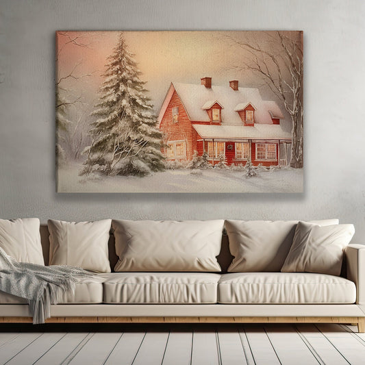 Golden Glow At Dusk A Cozy Winter Retreat Amidst the Whispering Pinesh Christmas Canvas Painting, Xmas Wall Art Decor - Christmas Poster Gift