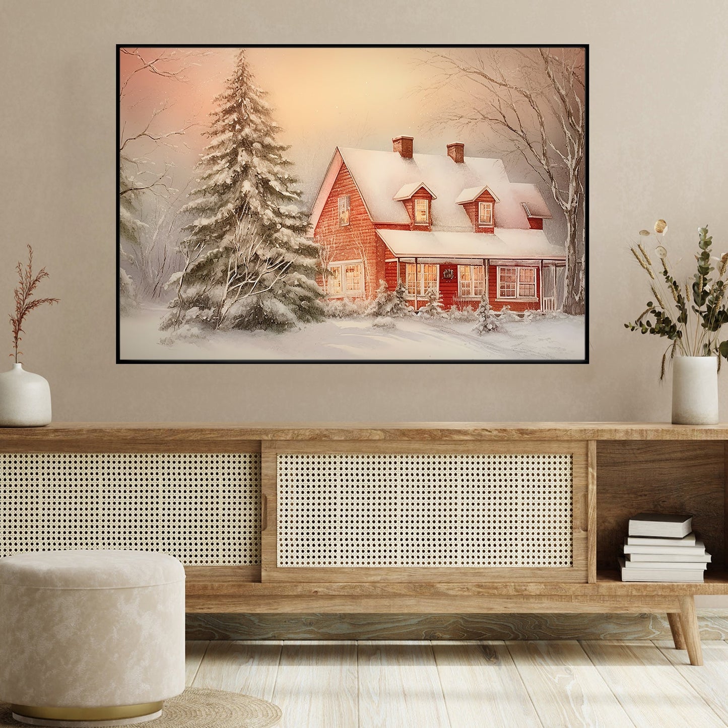 Golden Glow At Dusk A Cozy Winter Retreat Amidst the Whispering Pinesh Christmas Canvas Painting, Xmas Wall Art Decor - Christmas Poster Gift