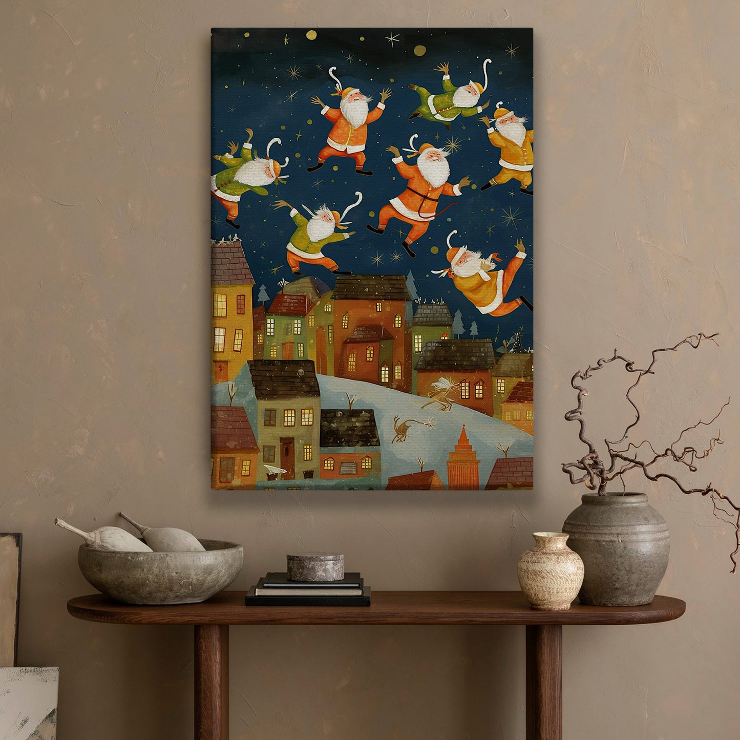 Dancing Santas A Whimsical Winter's Night Over the Town, Christmas Canvas Painting, Xmas Wall Art Decor - Christmas Poster Gift