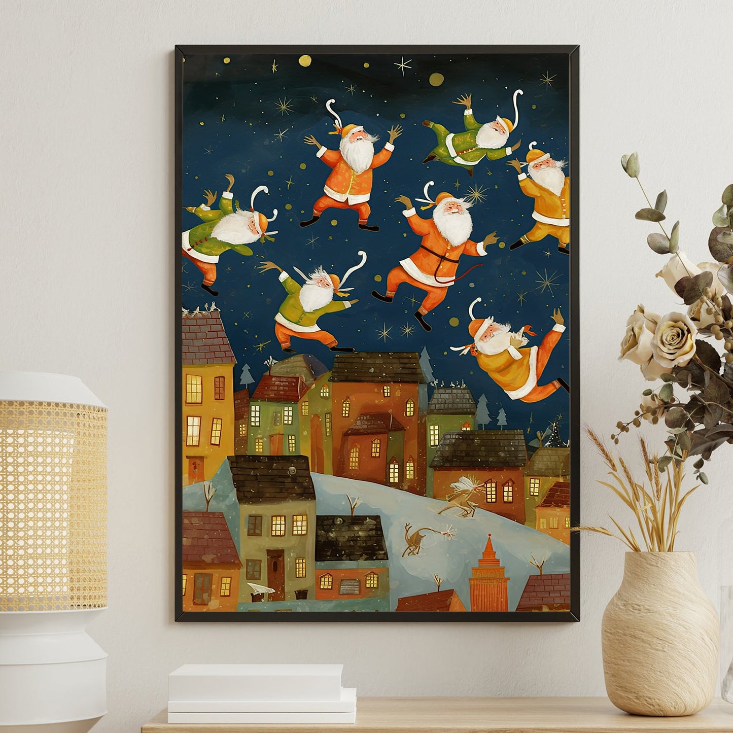 Dancing Santas A Whimsical Winter's Night Over the Town, Christmas Canvas Painting, Xmas Wall Art Decor - Christmas Poster Gift