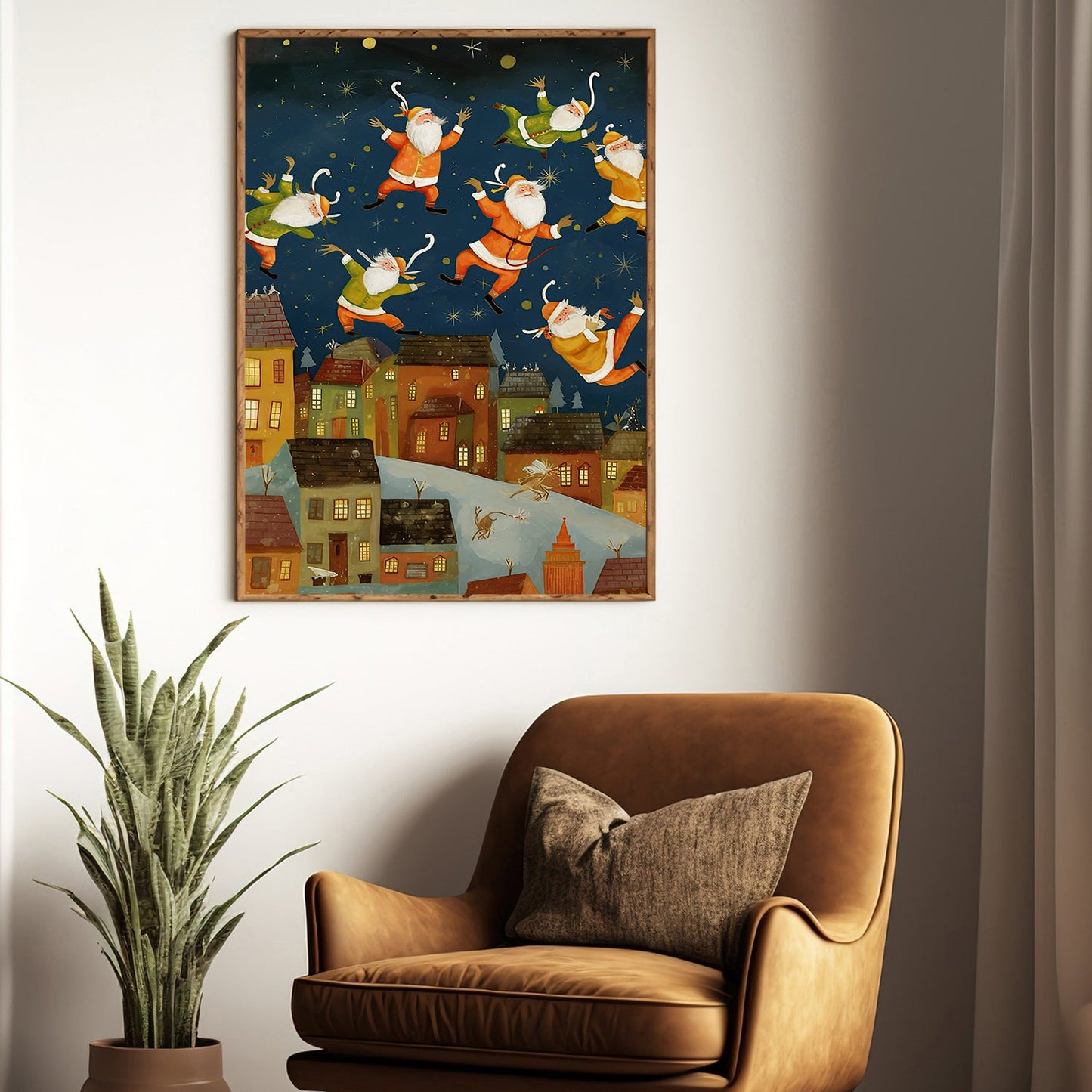 Dancing Santas A Whimsical Winter's Night Over the Town, Christmas Canvas Painting, Xmas Wall Art Decor - Christmas Poster Gift