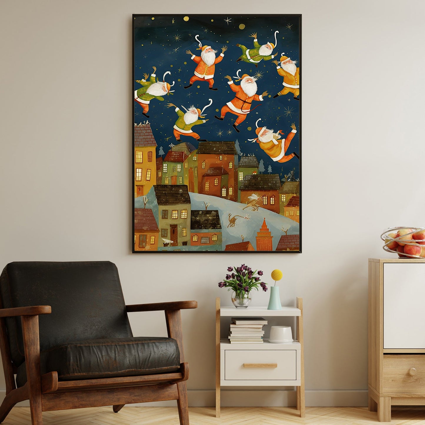 Dancing Santas A Whimsical Winter's Night Over the Town, Christmas Canvas Painting, Xmas Wall Art Decor - Christmas Poster Gift