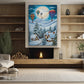 Moonlit Winter Village Balloon Rides Above the Snowy Pines, Christmas Canvas Painting, Xmas Wall Art Decor - Christmas Poster Gift Hot Air Balloon Lovers