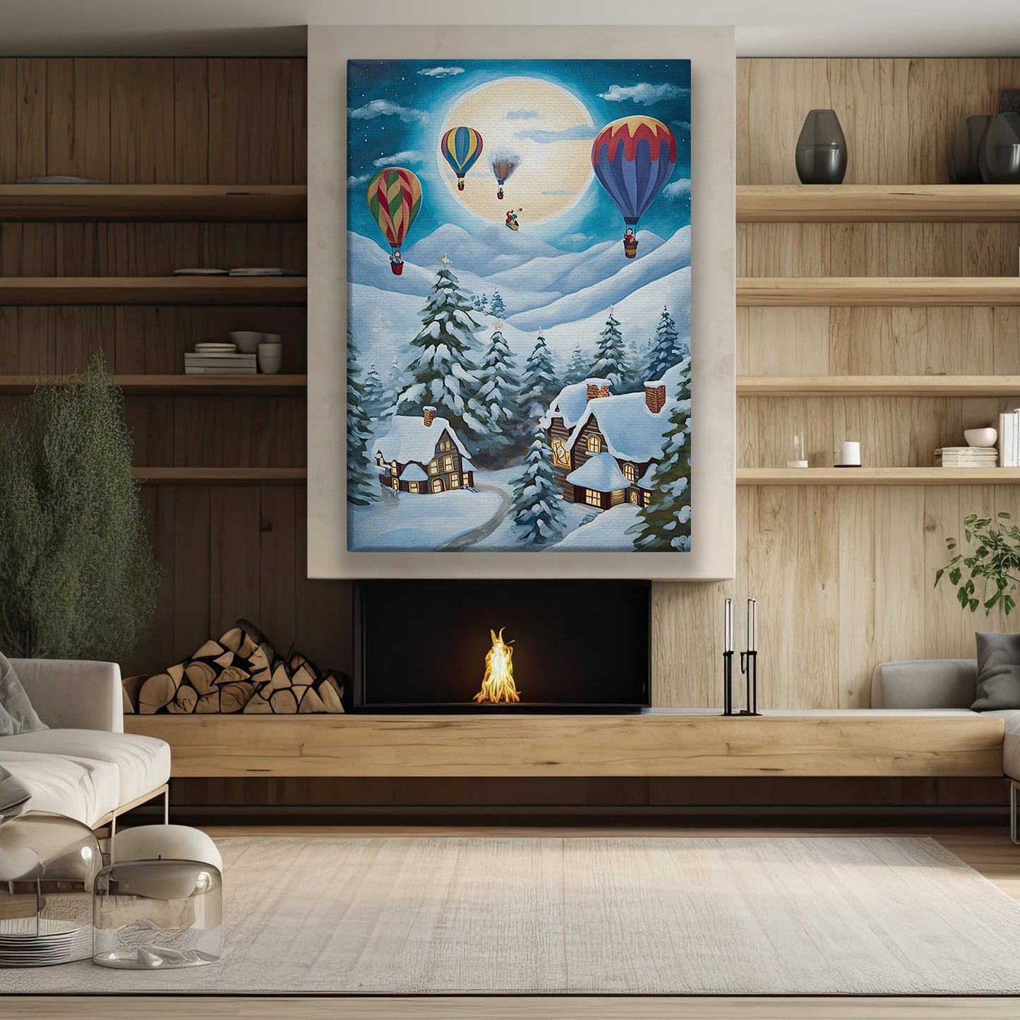Moonlit Winter Village Balloon Rides Above the Snowy Pines, Christmas Canvas Painting, Xmas Wall Art Decor - Christmas Poster Gift Hot Air Balloon Lovers