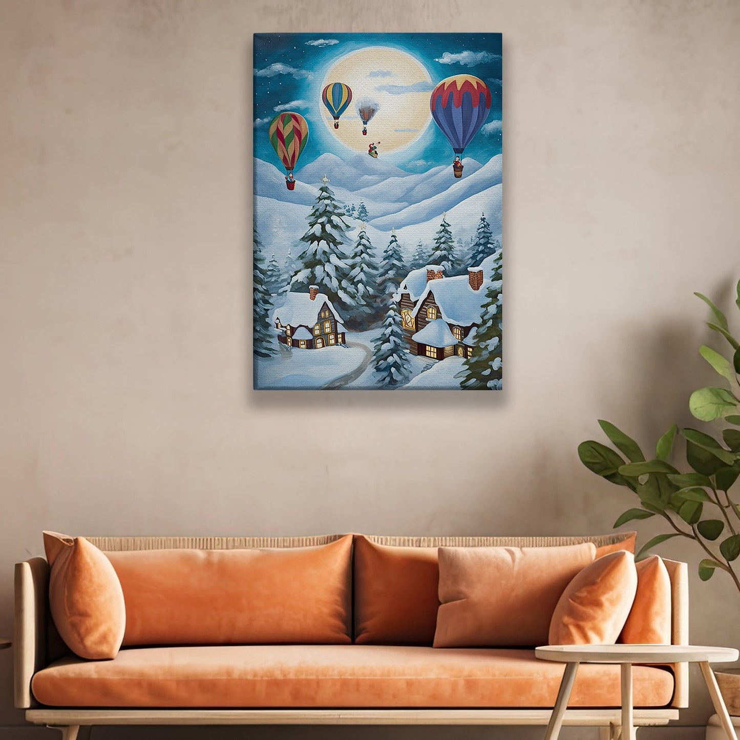 Moonlit Winter Village Balloon Rides Above the Snowy Pines, Christmas Canvas Painting, Xmas Wall Art Decor - Christmas Poster Gift Hot Air Balloon Lovers