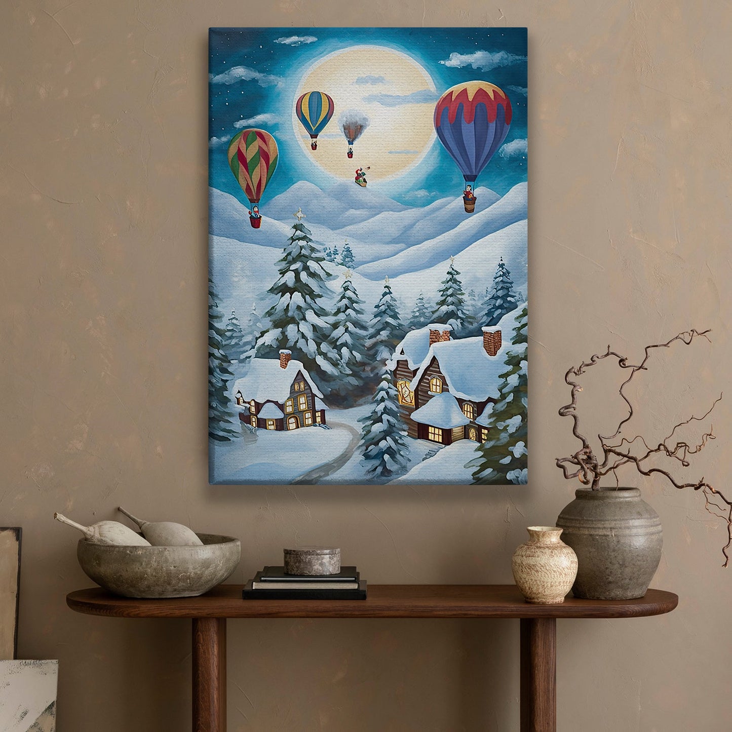 Moonlit Winter Village Balloon Rides Above the Snowy Pines, Christmas Canvas Painting, Xmas Wall Art Decor - Christmas Poster Gift Hot Air Balloon Lovers
