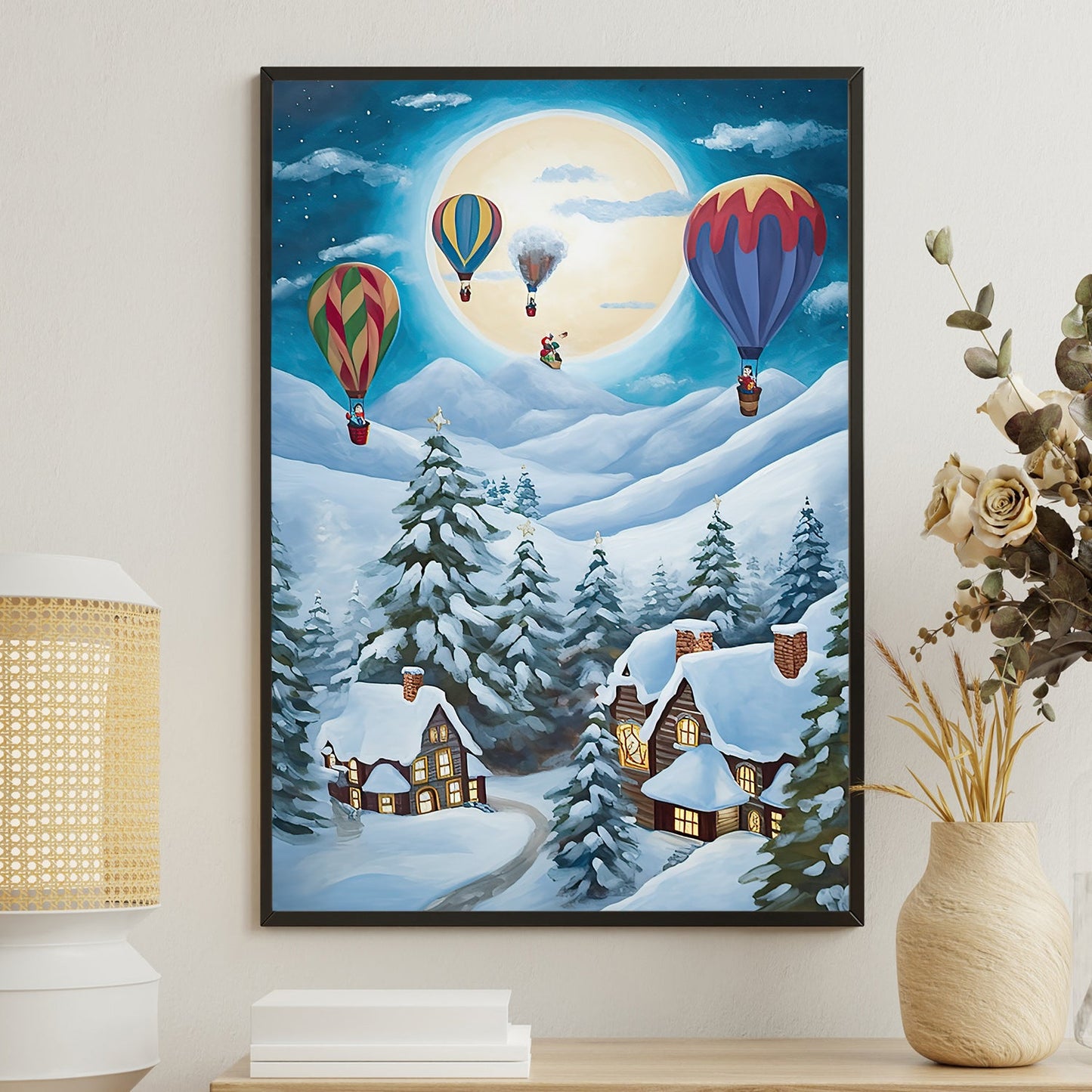 Moonlit Winter Village Balloon Rides Above the Snowy Pines, Christmas Canvas Painting, Xmas Wall Art Decor - Christmas Poster Gift Hot Air Balloon Lovers