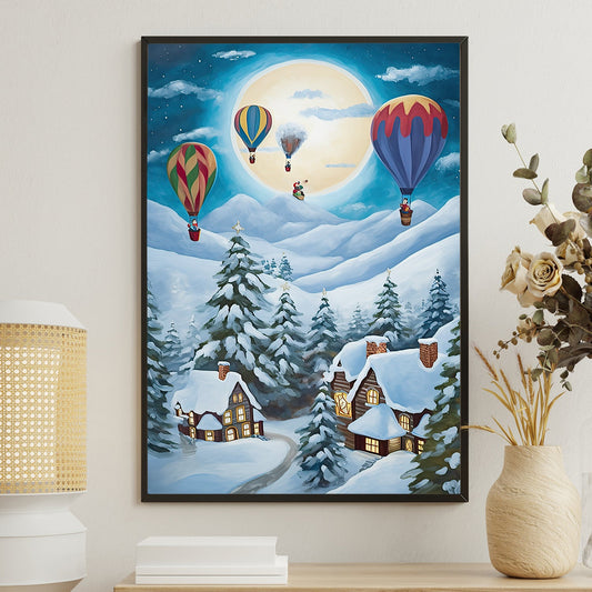 Moonlit Winter Village Balloon Rides Above the Snowy Pines, Christmas Canvas Painting, Xmas Wall Art Decor - Christmas Poster Gift Hot Air Balloon Lovers