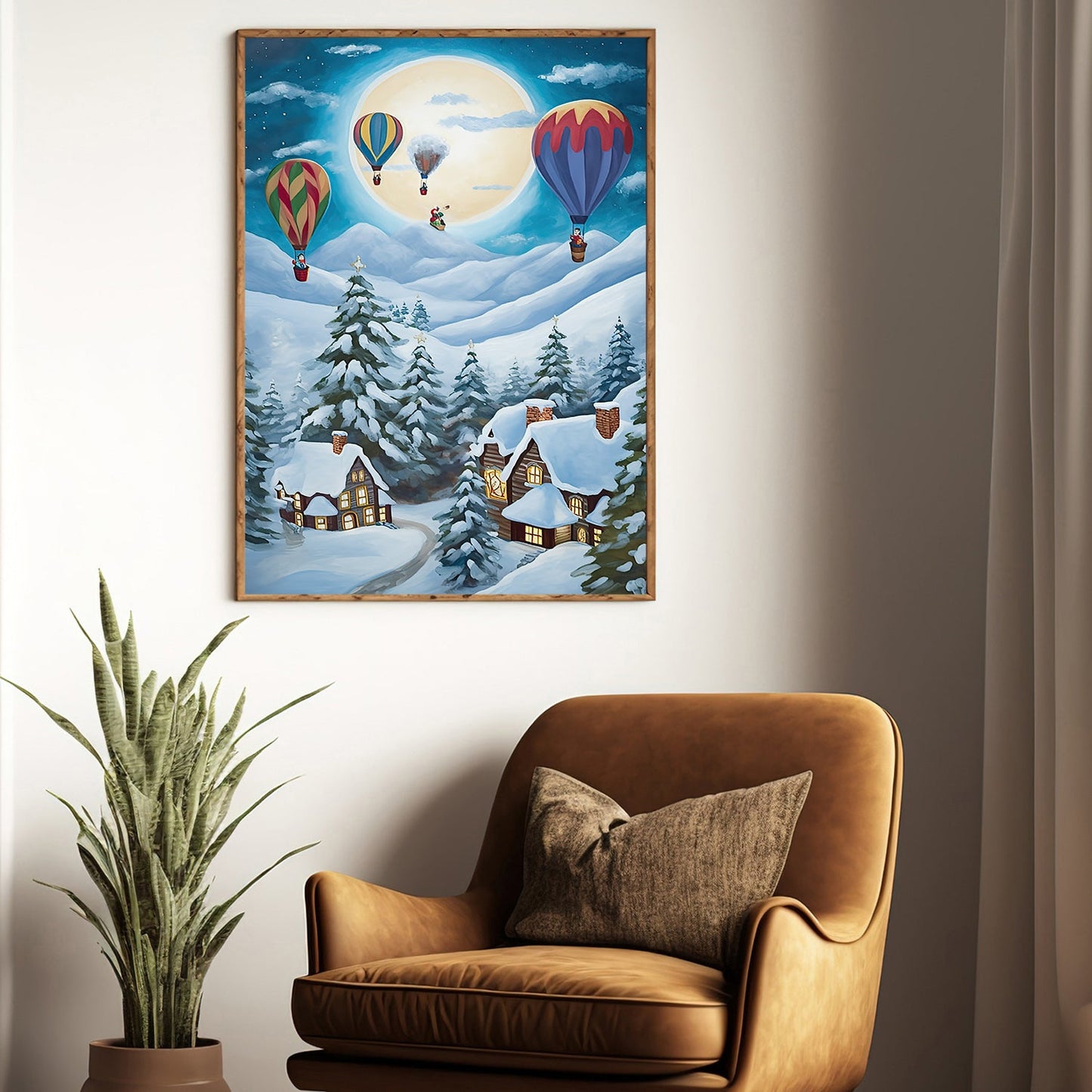 Moonlit Winter Village Balloon Rides Above the Snowy Pines, Christmas Canvas Painting, Xmas Wall Art Decor - Christmas Poster Gift Hot Air Balloon Lovers