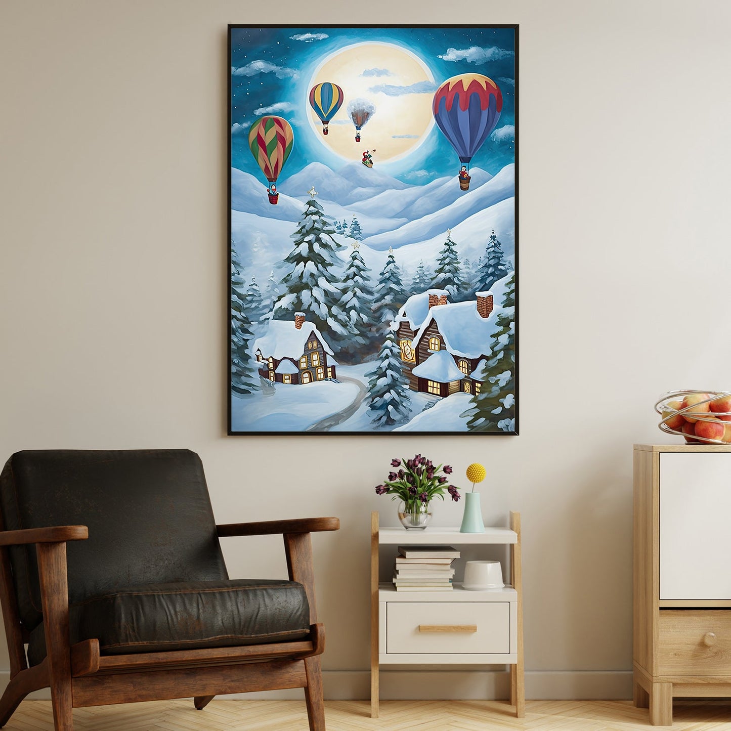 Moonlit Winter Village Balloon Rides Above the Snowy Pines, Christmas Canvas Painting, Xmas Wall Art Decor - Christmas Poster Gift Hot Air Balloon Lovers