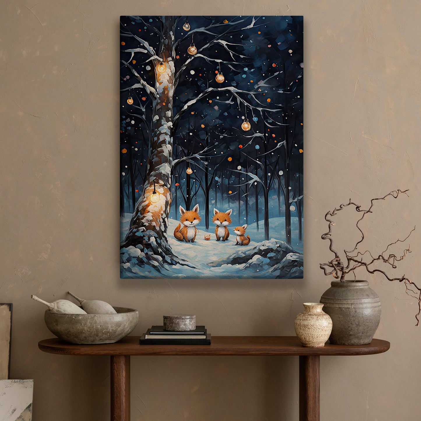 Enchanted Winter's Eve Foxes Under The Illuminated Tree, Christmas Canvas Painting, Xmas Wall Art Decor - Christmas Poster Gift Fox Lovers