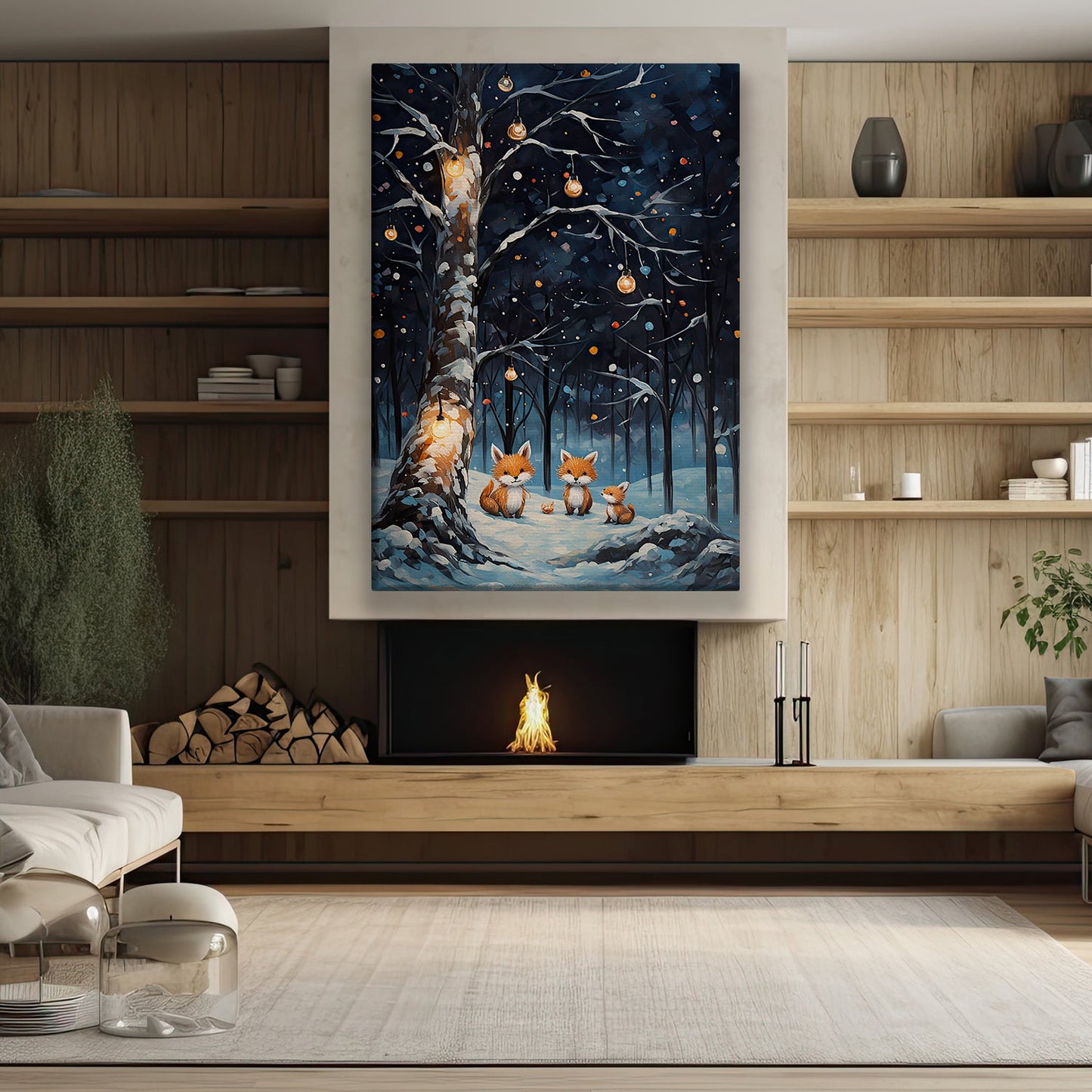 Enchanted Winter's Eve Foxes Under The Illuminated Tree, Christmas Canvas Painting, Xmas Wall Art Decor - Christmas Poster Gift Fox Lovers