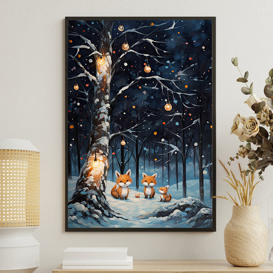 Enchanted Winter's Eve Foxes Under The Illuminated Tree, Christmas Canvas Painting, Xmas Wall Art Decor - Christmas Poster Gift Fox Lovers