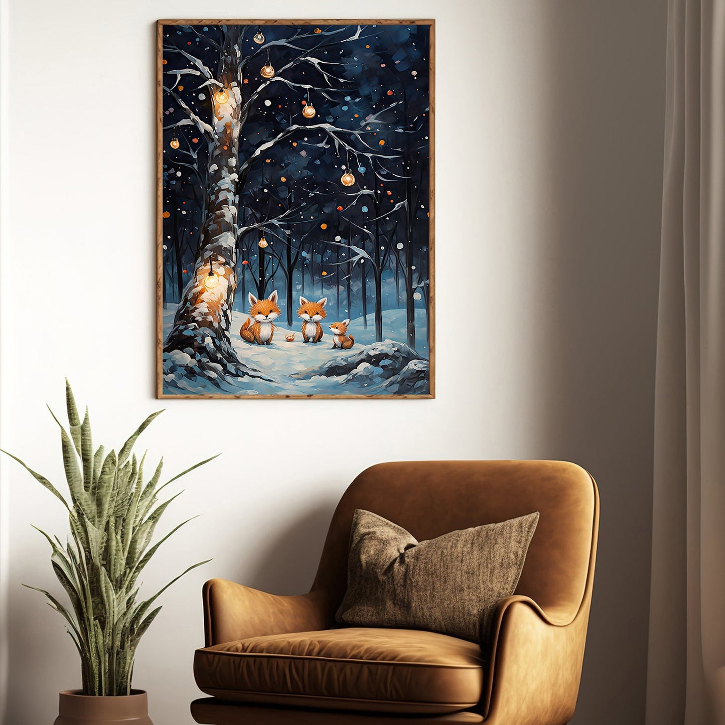 Enchanted Winter's Eve Foxes Under The Illuminated Tree, Christmas Canvas Painting, Xmas Wall Art Decor - Christmas Poster Gift Fox Lovers