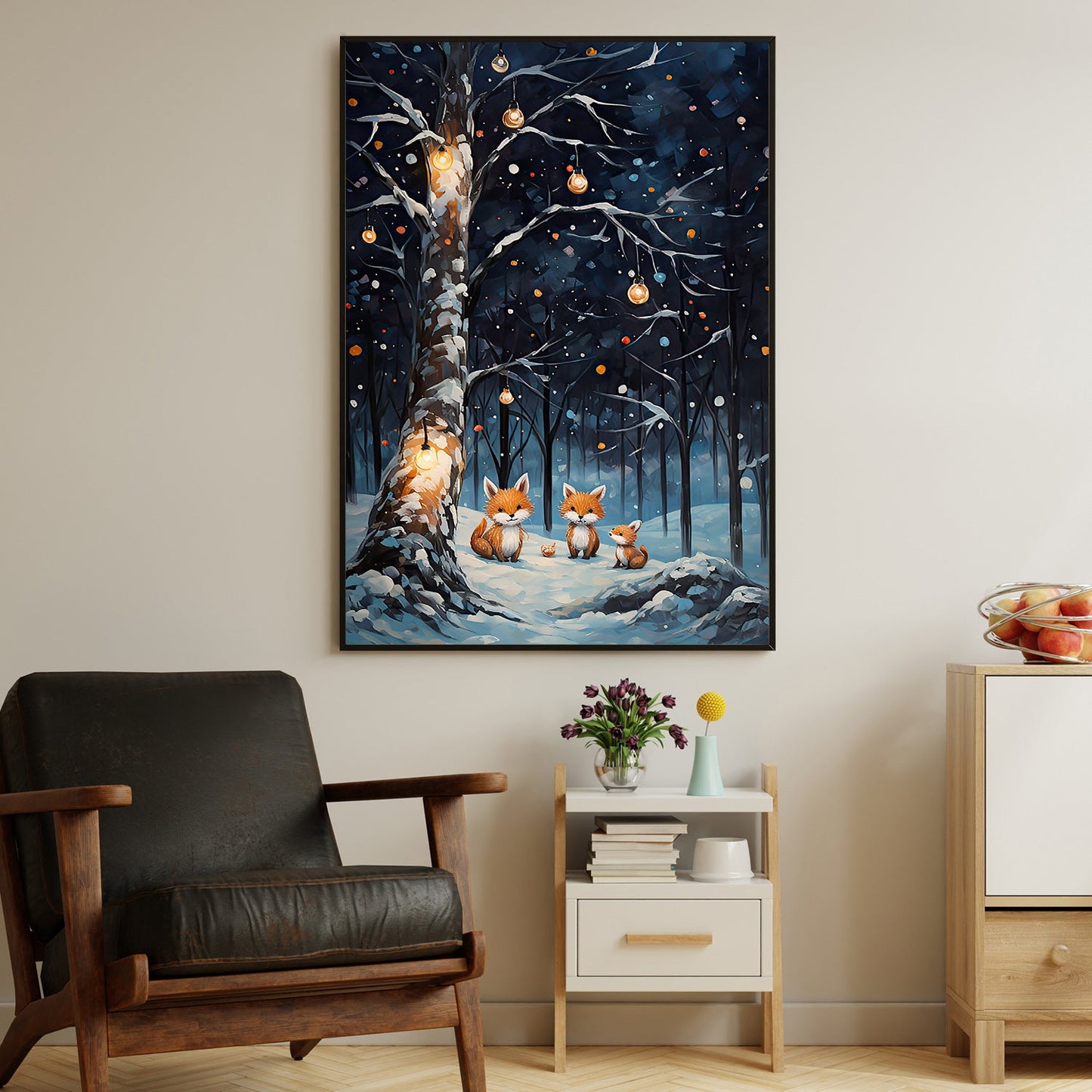 Enchanted Winter's Eve Foxes Under The Illuminated Tree, Christmas Canvas Painting, Xmas Wall Art Decor - Christmas Poster Gift Fox Lovers