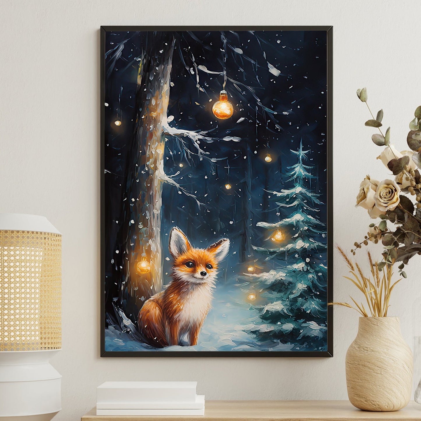 Solitary Fox A Magical Winter Night, Christmas Canvas Painting, Xmas Wall Art Decor - Christmas Poster Gift Fox Lovers