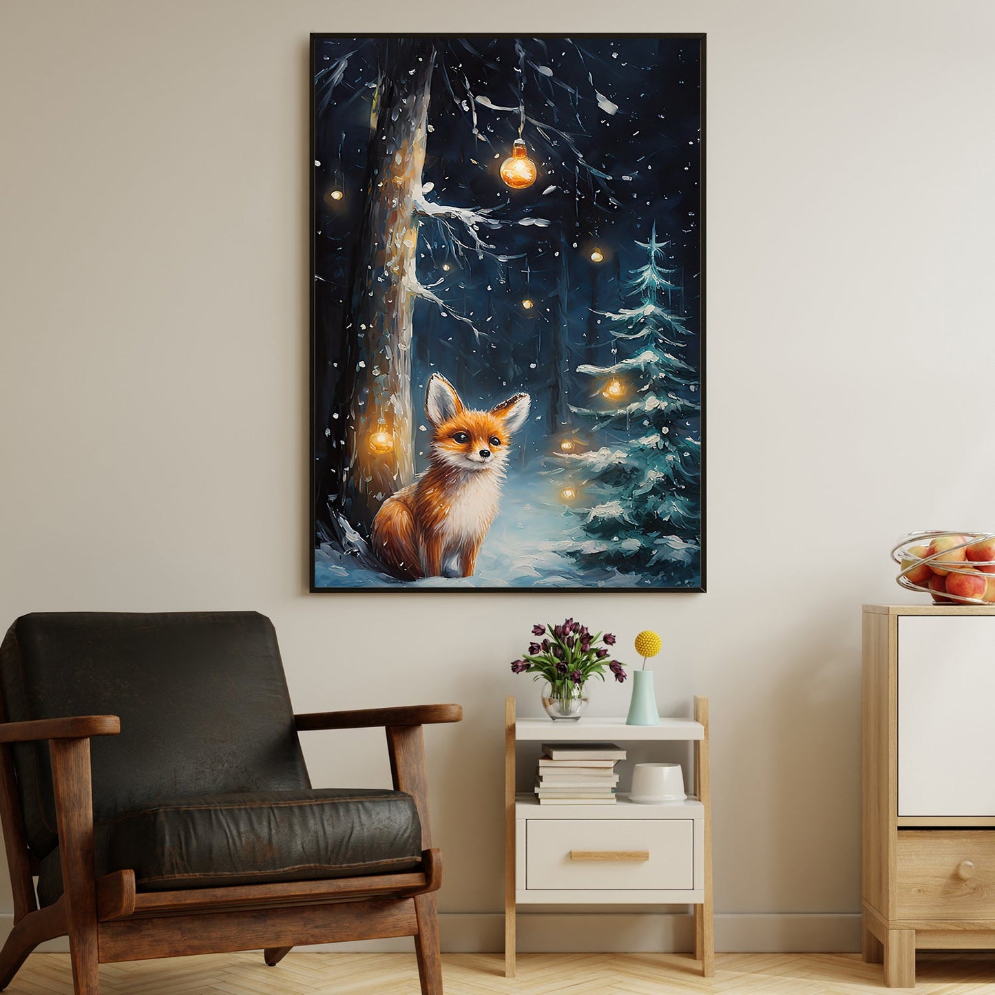 Solitary Fox A Magical Winter Night, Christmas Canvas Painting, Xmas Wall Art Decor - Christmas Poster Gift Fox Lovers