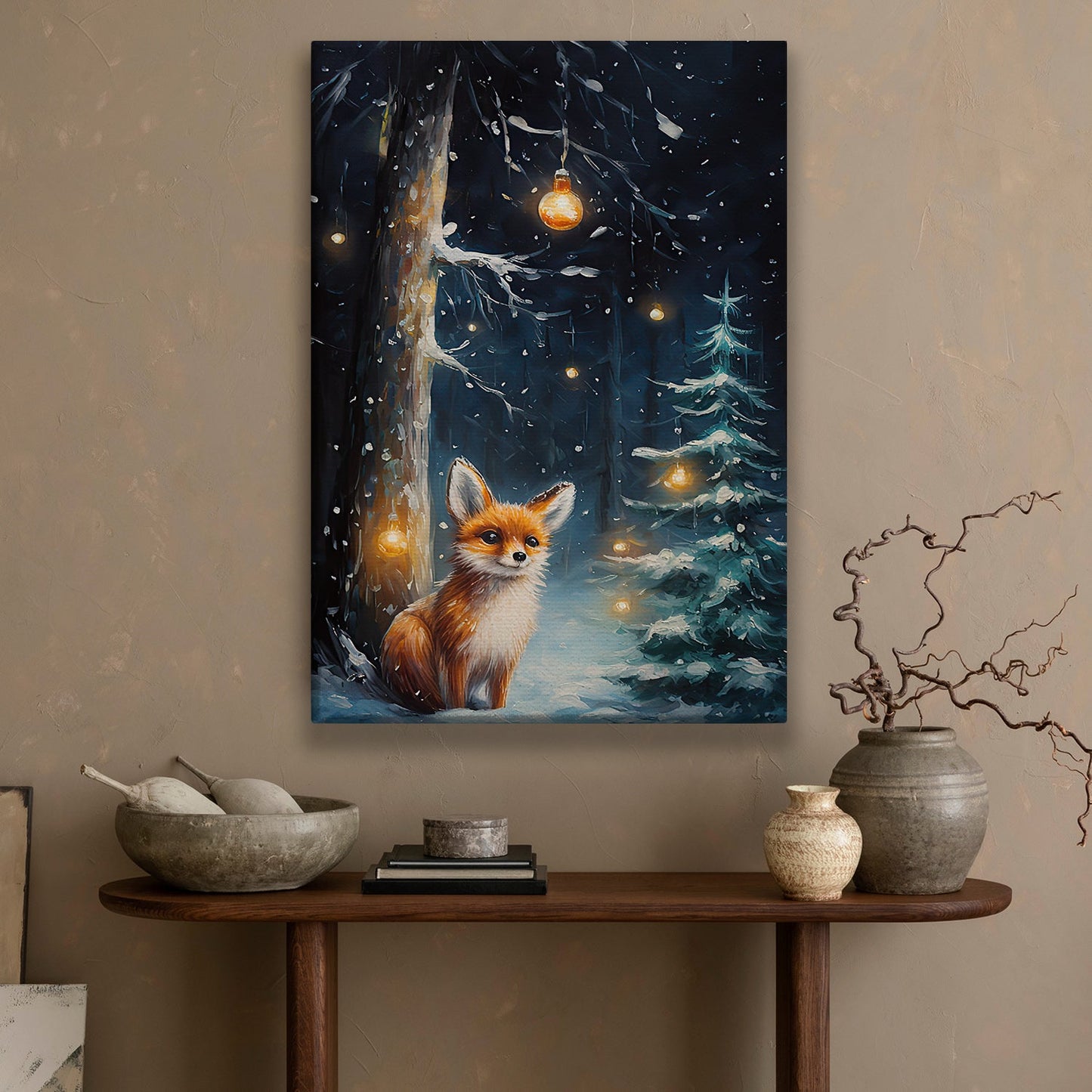 Solitary Fox A Magical Winter Night, Christmas Canvas Painting, Xmas Wall Art Decor - Christmas Poster Gift Fox Lovers