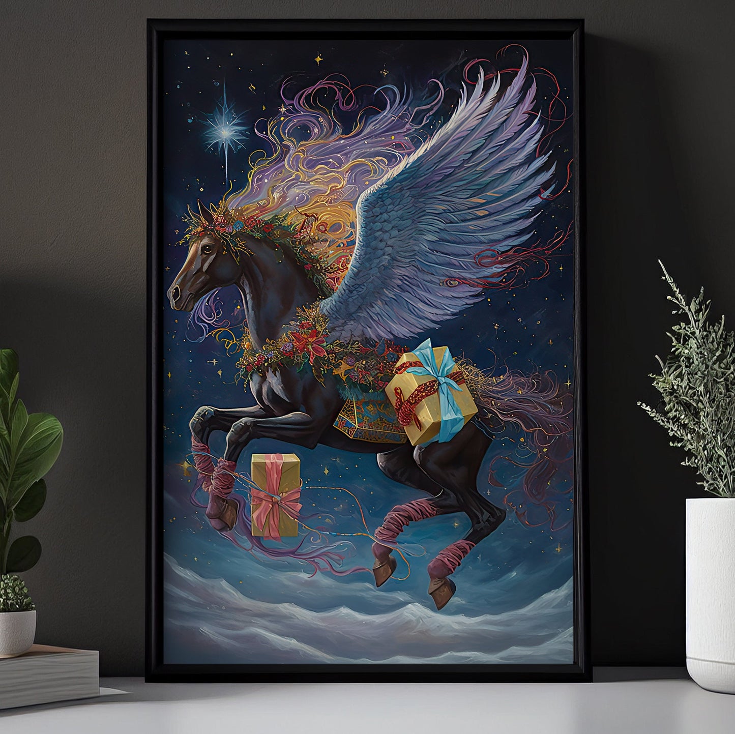 Yuletide Flight, Horse Christmas Canvas Painting, Xmas Wall Art Decor - Christmas Poster Gift For Horse Lovers