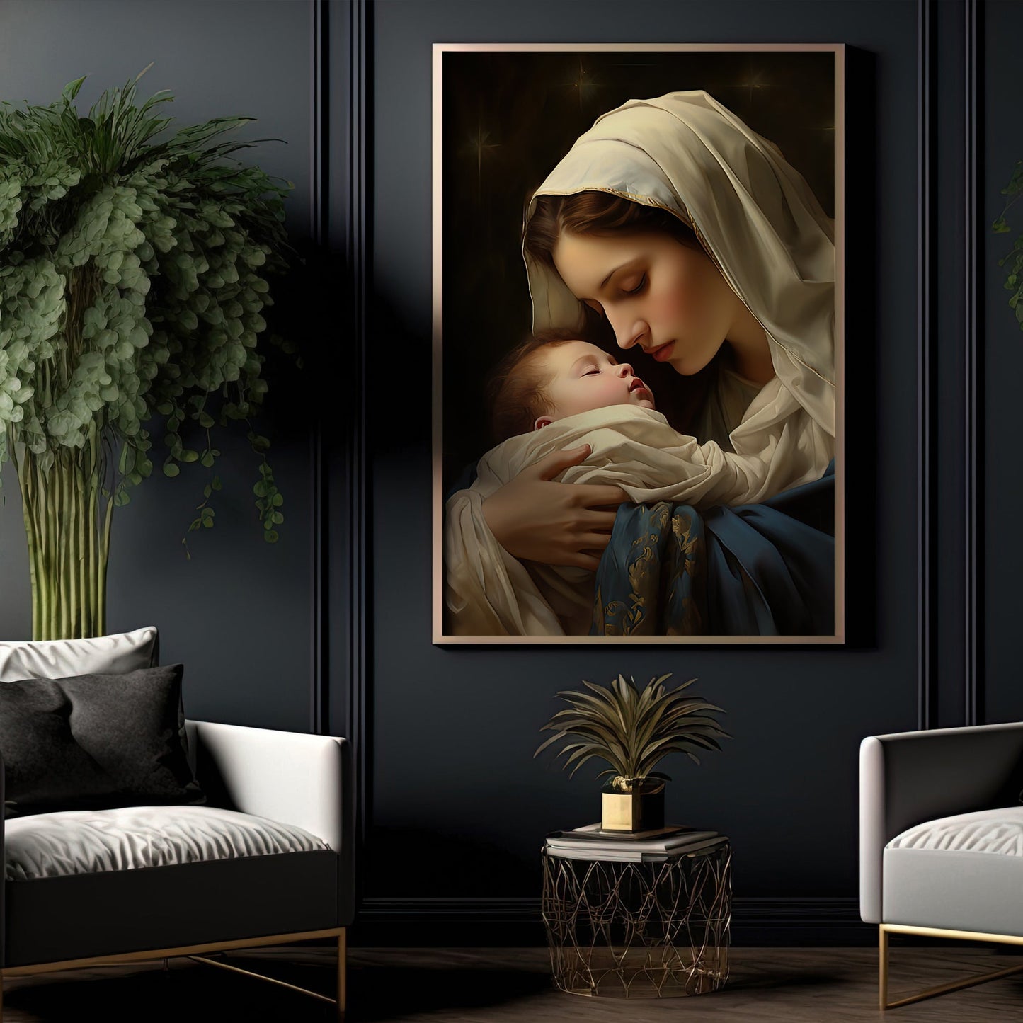 Embrace of Solace, Virgin Mary Christmas Canvas Painting, Xmas Wall Art Decor - Christmas Poster Gift