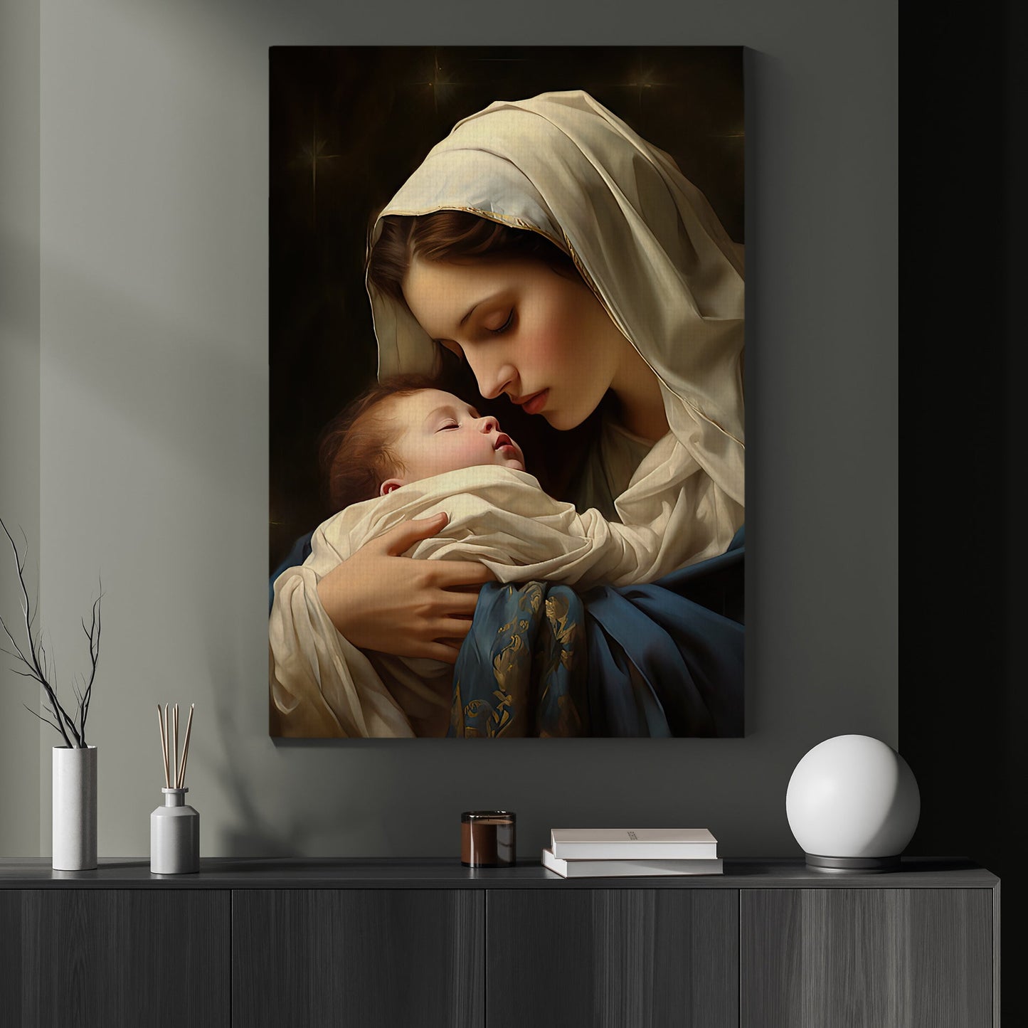 Embrace of Solace, Virgin Mary Christmas Canvas Painting, Xmas Wall Art Decor - Christmas Poster Gift