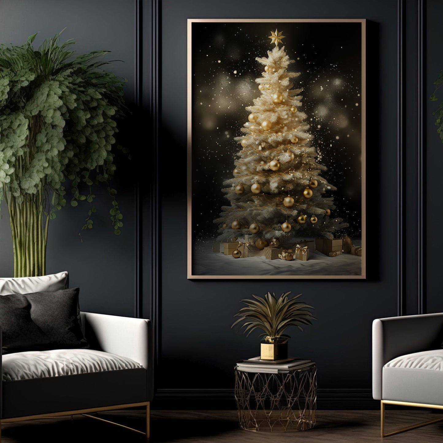 Golden Glimmer of the Festive Night, Christmas Canvas Painting, Xmas Wall Art Decor - Christmas Poster Gift