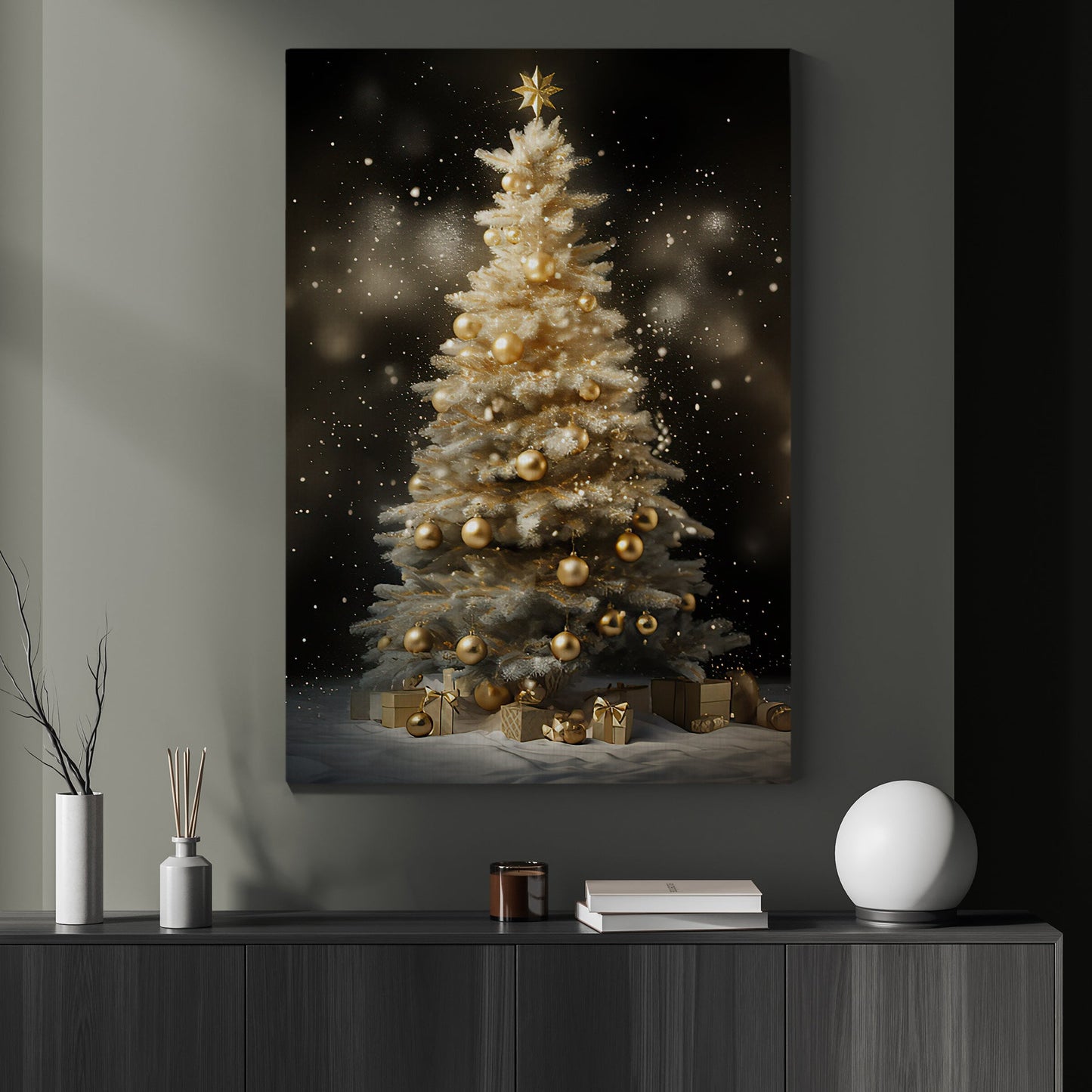 Golden Glimmer of the Festive Night, Christmas Canvas Painting, Xmas Wall Art Decor - Christmas Poster Gift
