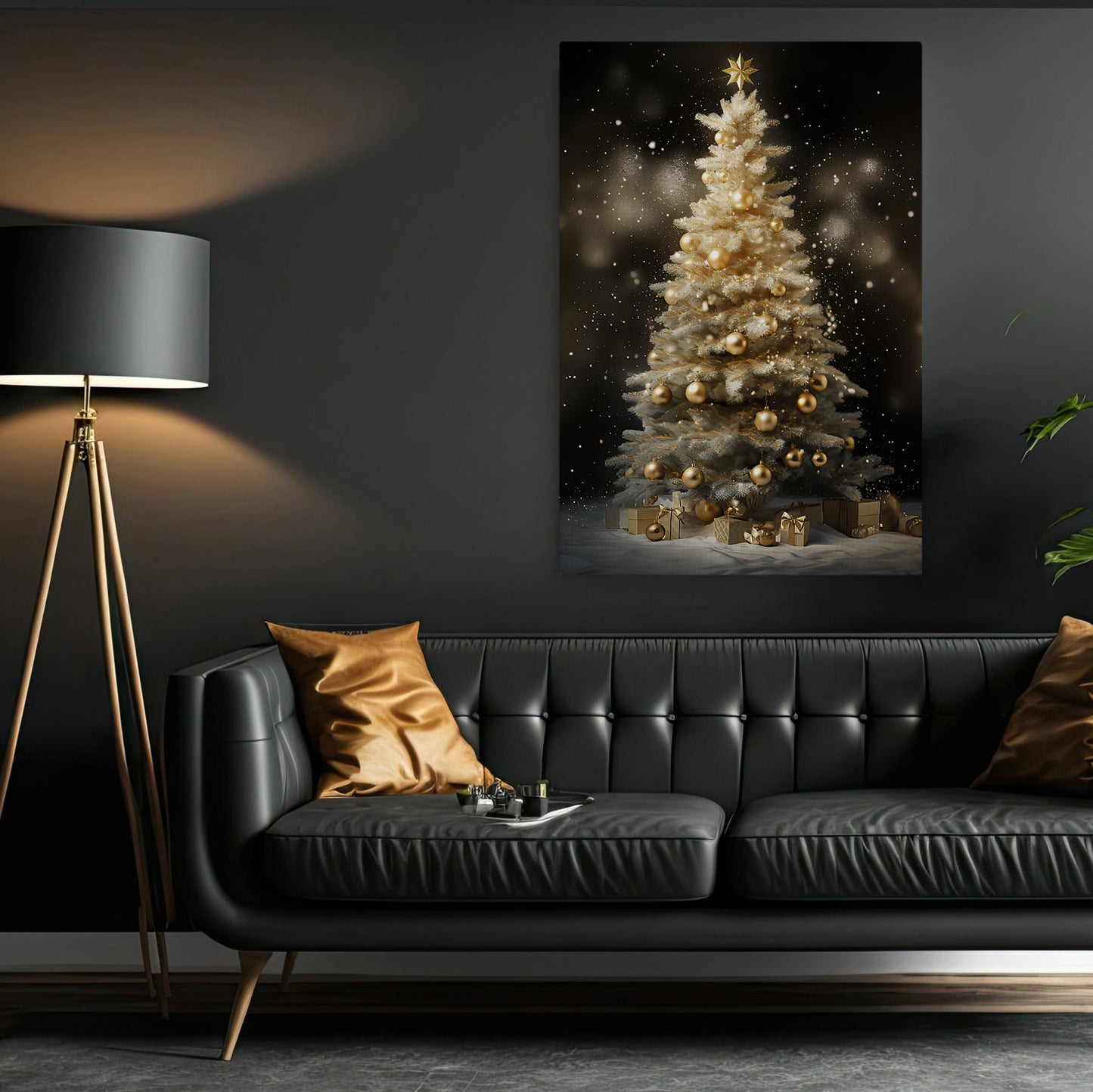 Golden Glimmer of the Festive Night, Christmas Canvas Painting, Xmas Wall Art Decor - Christmas Poster Gift