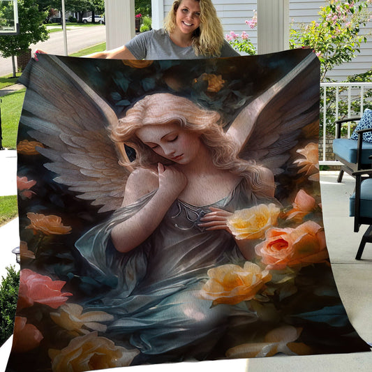 Angel Around Flowers Christmas, Angel Xmas Fleece Blanket & Sherpa Blanket Gift