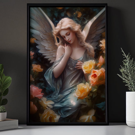 Floral Serenity, Angel Christmas Canvas Painting, Xmas Wall Art Decor - Christmas Poster Gift