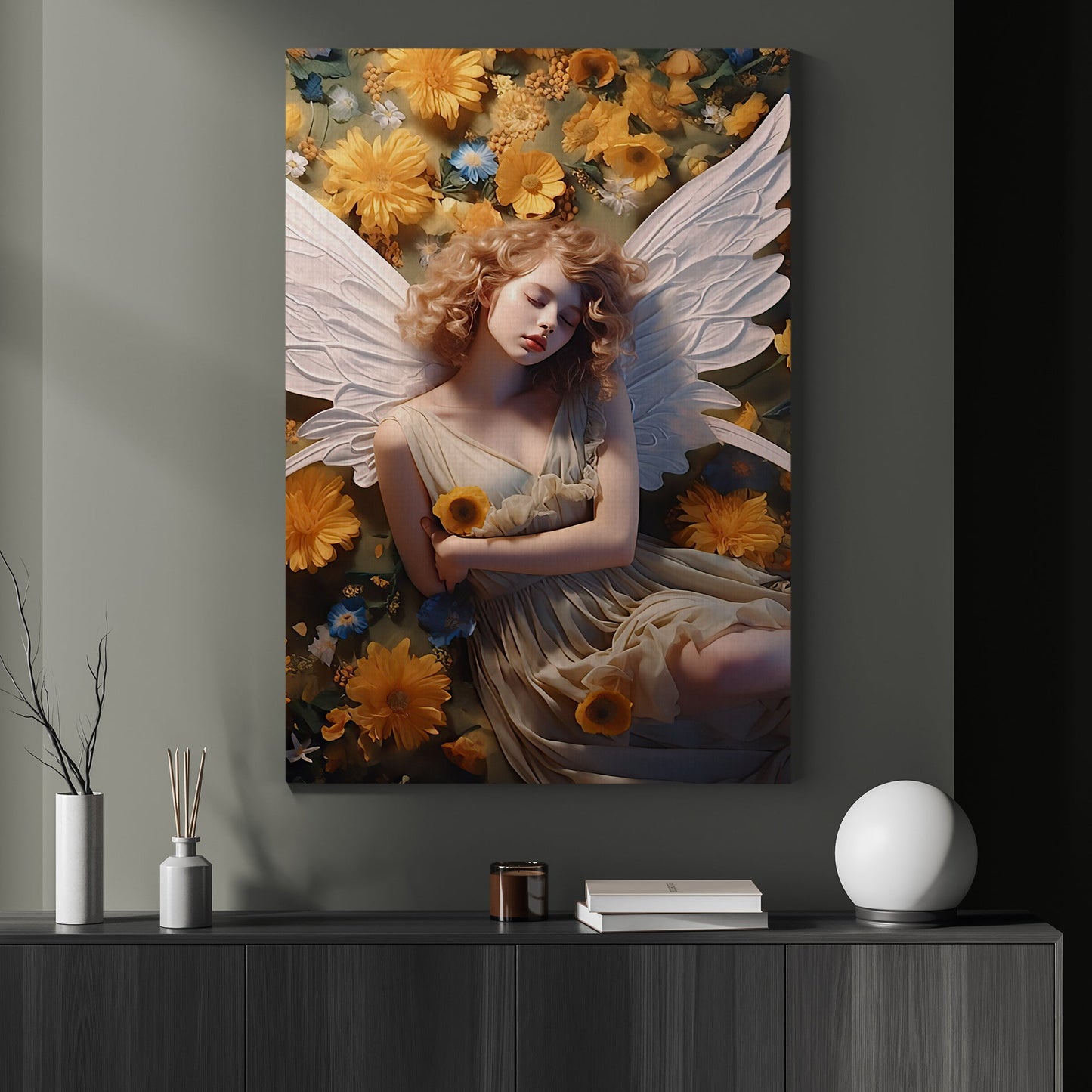 Floral Slumber of Serenity, Angel Christmas Canvas Painting, Xmas Wall Art Decor - Christmas Poster Gift