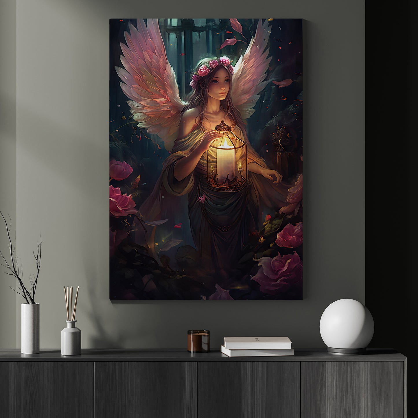 Lantern Glow of Twilight, Angel Christmas Canvas Painting, Xmas Wall Art Decor - Christmas Poster Gift
