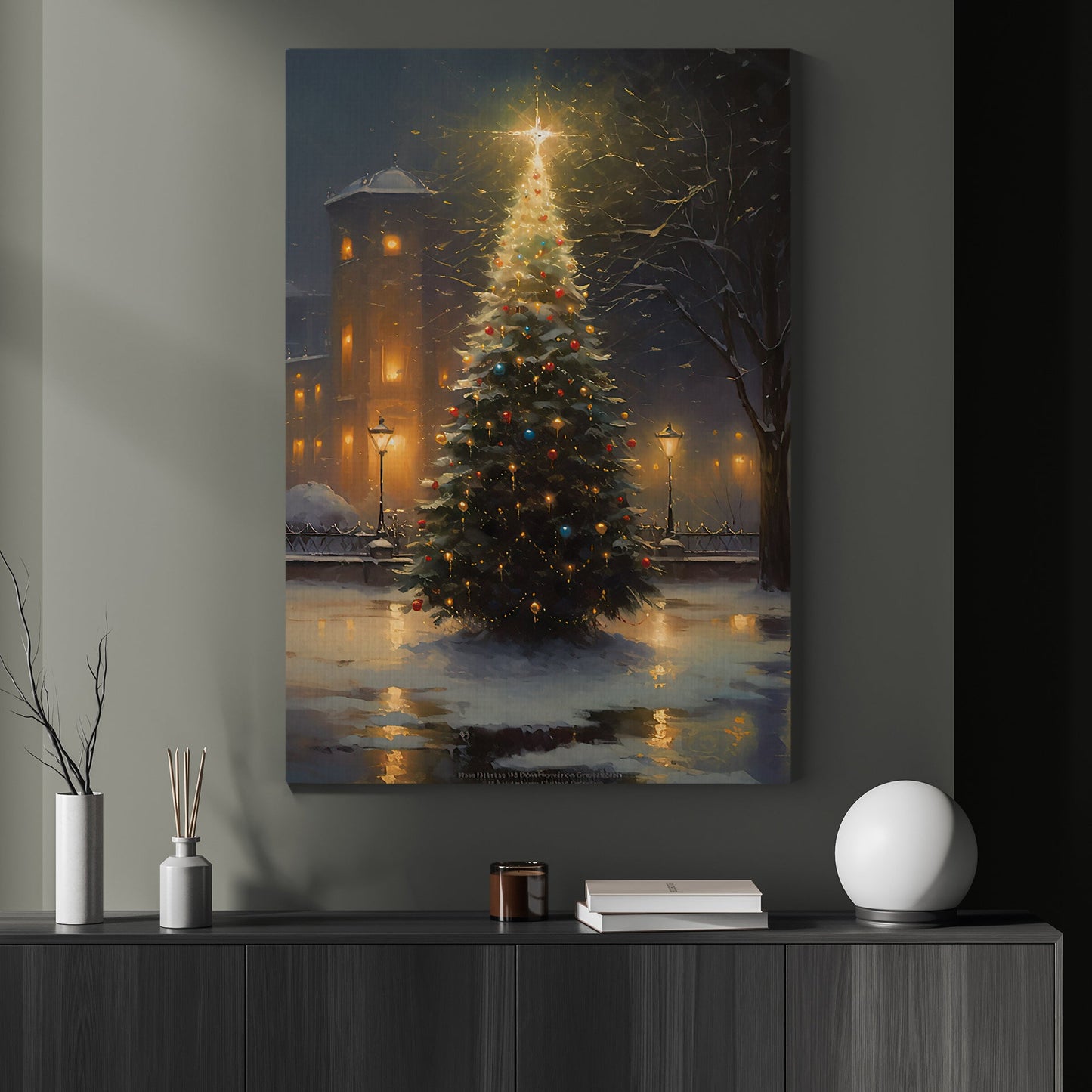 Yuletide Glow Amidst Snow, Christmas Canvas Painting, Xmas Wall Art Decor - Christmas Poster Gift