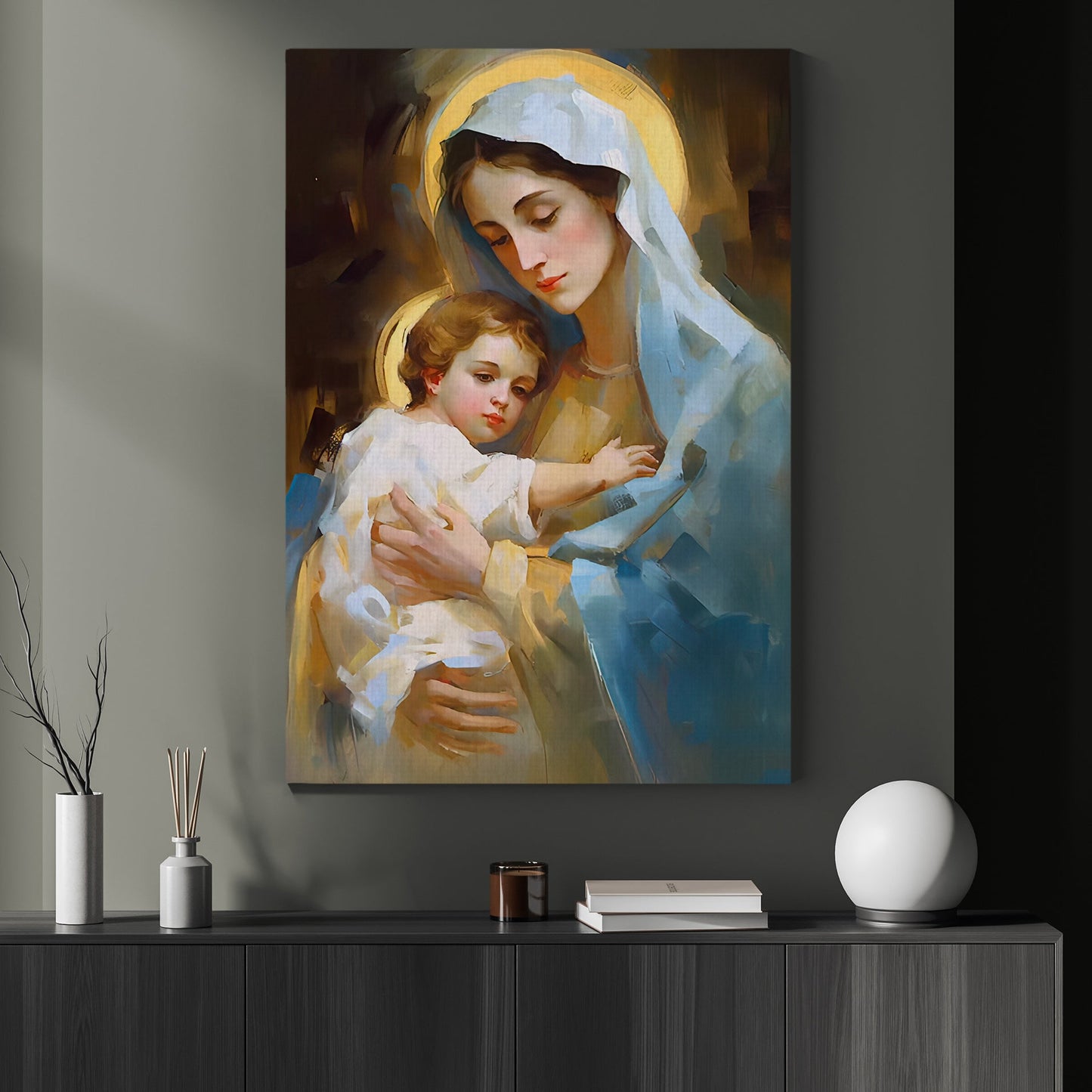 Embrace of Sacred Love, Virgin Mary Christmas Canvas Painting, Xmas Wall Art Decor - Christmas Poster Gift