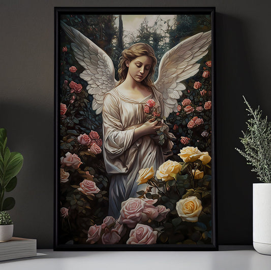 Guardian of the Rose Garden, Angel Christmas Canvas Painting, Xmas Wall Art Decor - Christmas Poster Gift