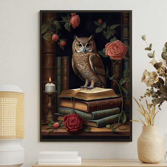 Owl Perched On The Book, Owl Canvas Painting, Wall Art Decor - Poster Gift For Book Lovers
