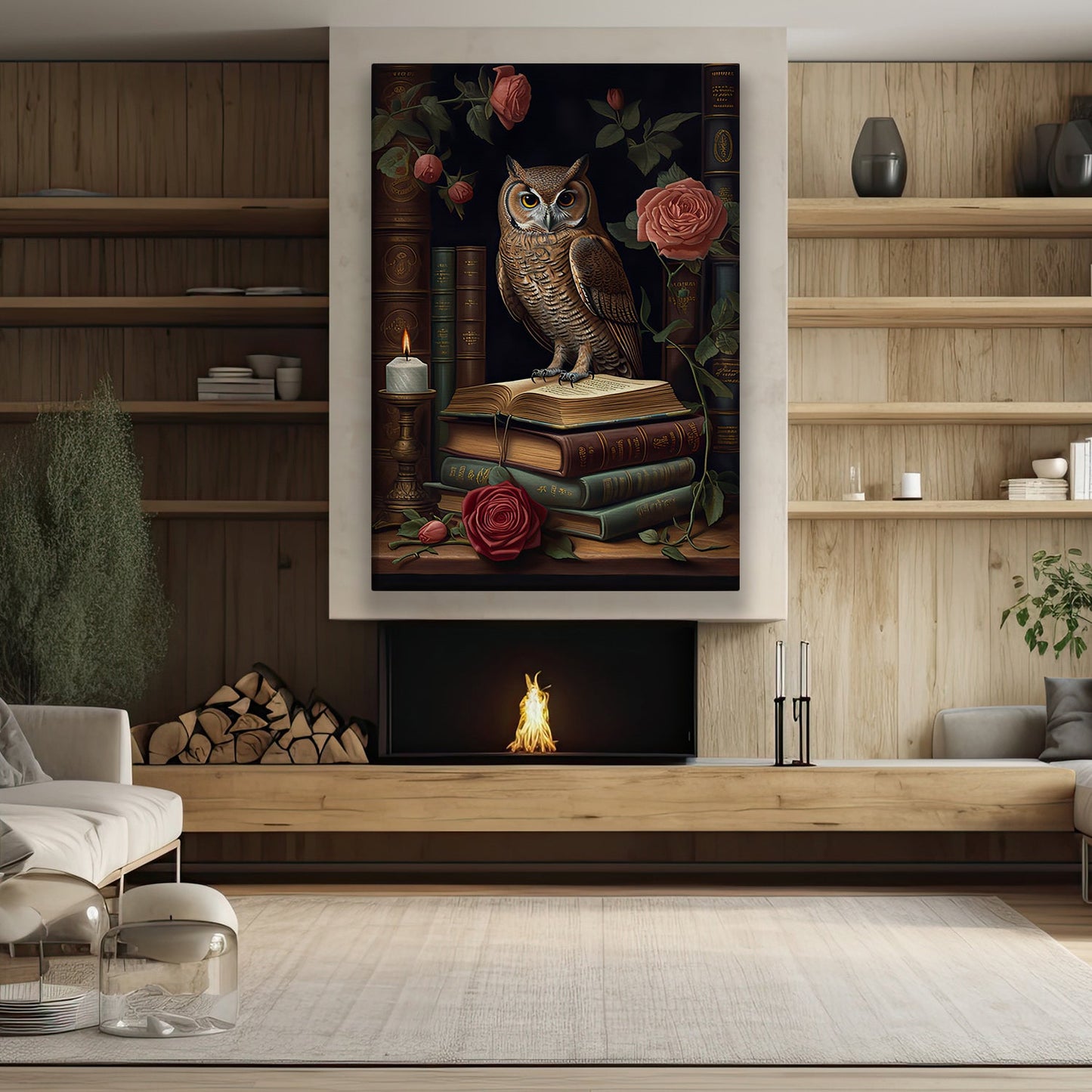 Owl Perched On The Book, Owl Canvas Painting, Wall Art Decor - Poster Gift For Book Lovers