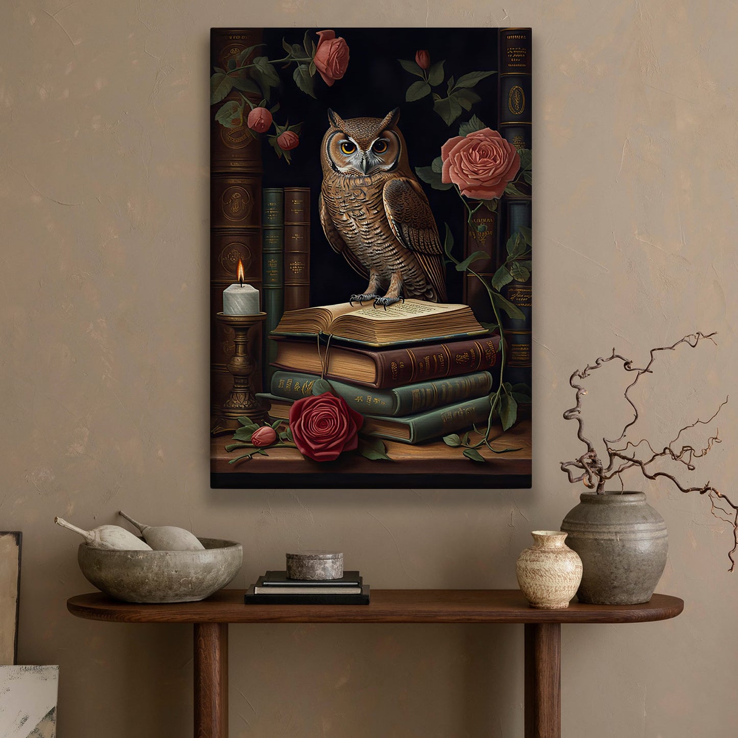Owl Perched On The Book, Owl Canvas Painting, Wall Art Decor - Poster Gift For Book Lovers