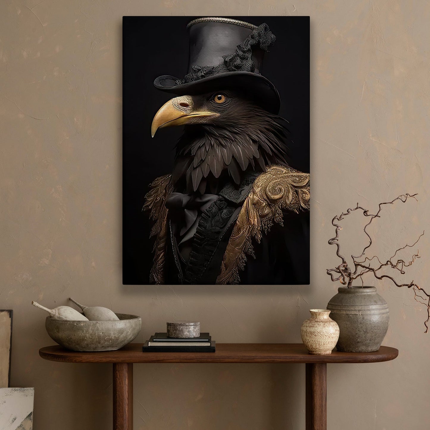 Black Raven Wear Hat, Black Raven Victorian Canvas Painting, Wall Art Decor - Poster Gift For Raven Lovers