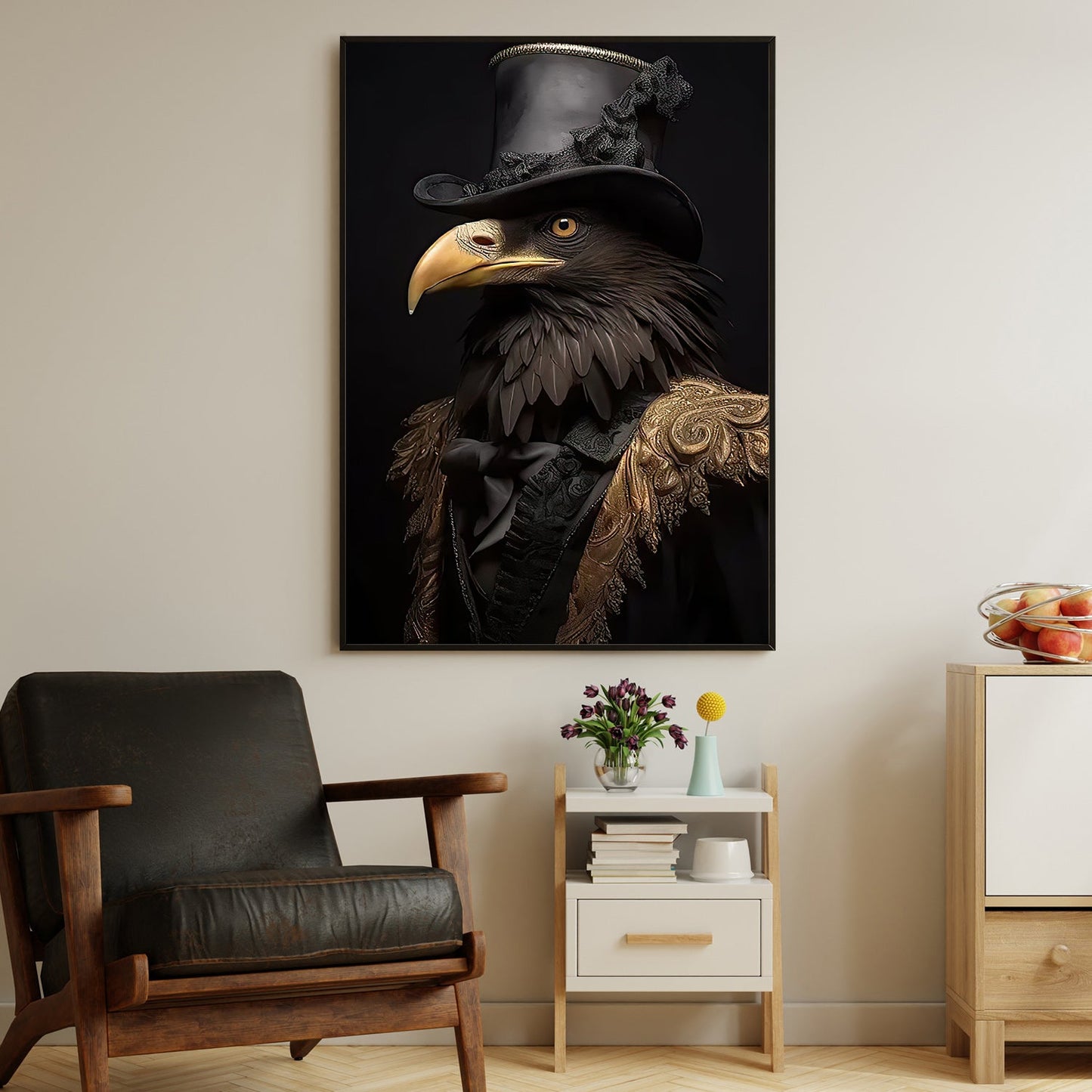 Black Raven Wear Hat, Black Raven Victorian Canvas Painting, Wall Art Decor - Poster Gift For Raven Lovers