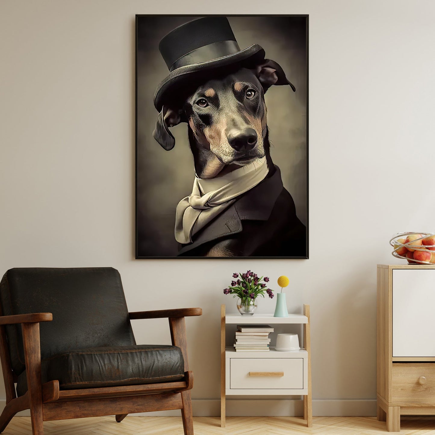 Dobermann Dog Wear Hat, Dobermann Dog Victorian Canvas Painting, Victorian Animal Wall Art Decor - Poster Gift For Dobermann Dog Lovers