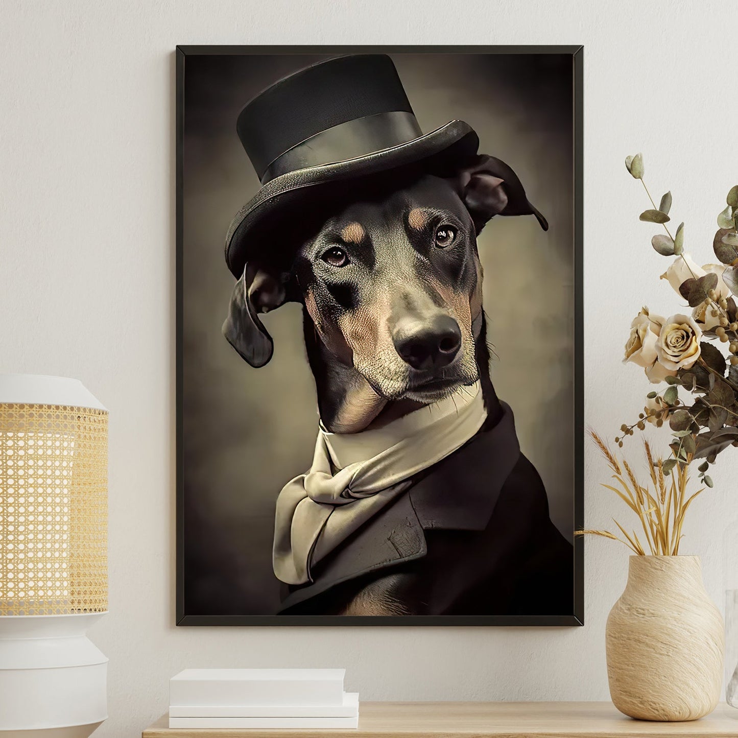 Dobermann Dog Wear Hat, Dobermann Dog Victorian Canvas Painting, Victorian Animal Wall Art Decor - Poster Gift For Dobermann Dog Lovers