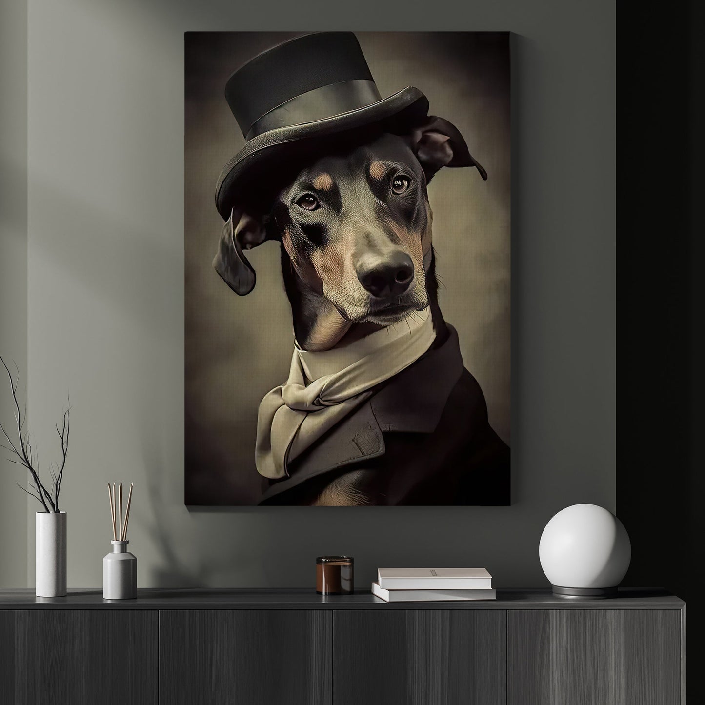 Dobermann Dog Wear Hat, Dobermann Dog Victorian Canvas Painting, Victorian Animal Wall Art Decor - Poster Gift For Dobermann Dog Lovers