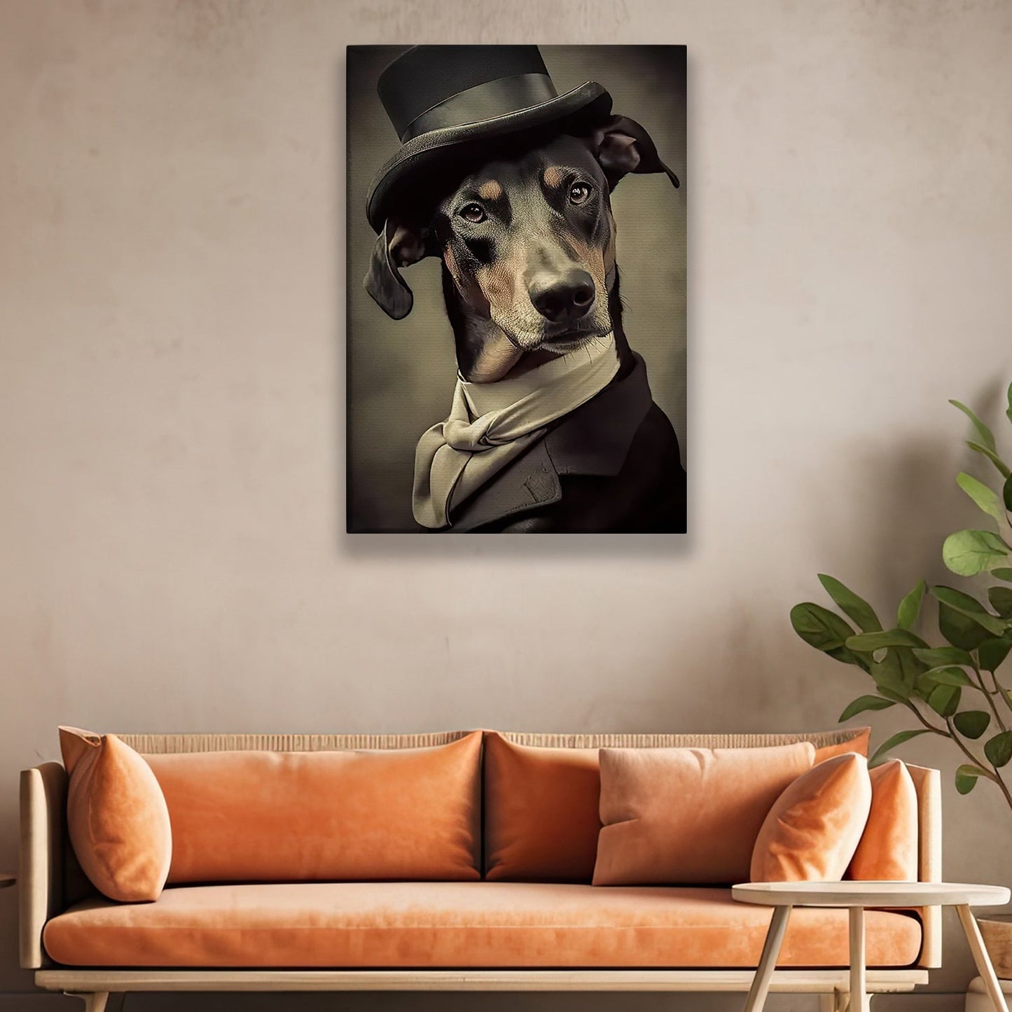 Dobermann Dog Wear Hat, Dobermann Dog Victorian Canvas Painting, Victorian Animal Wall Art Decor - Poster Gift For Dobermann Dog Lovers