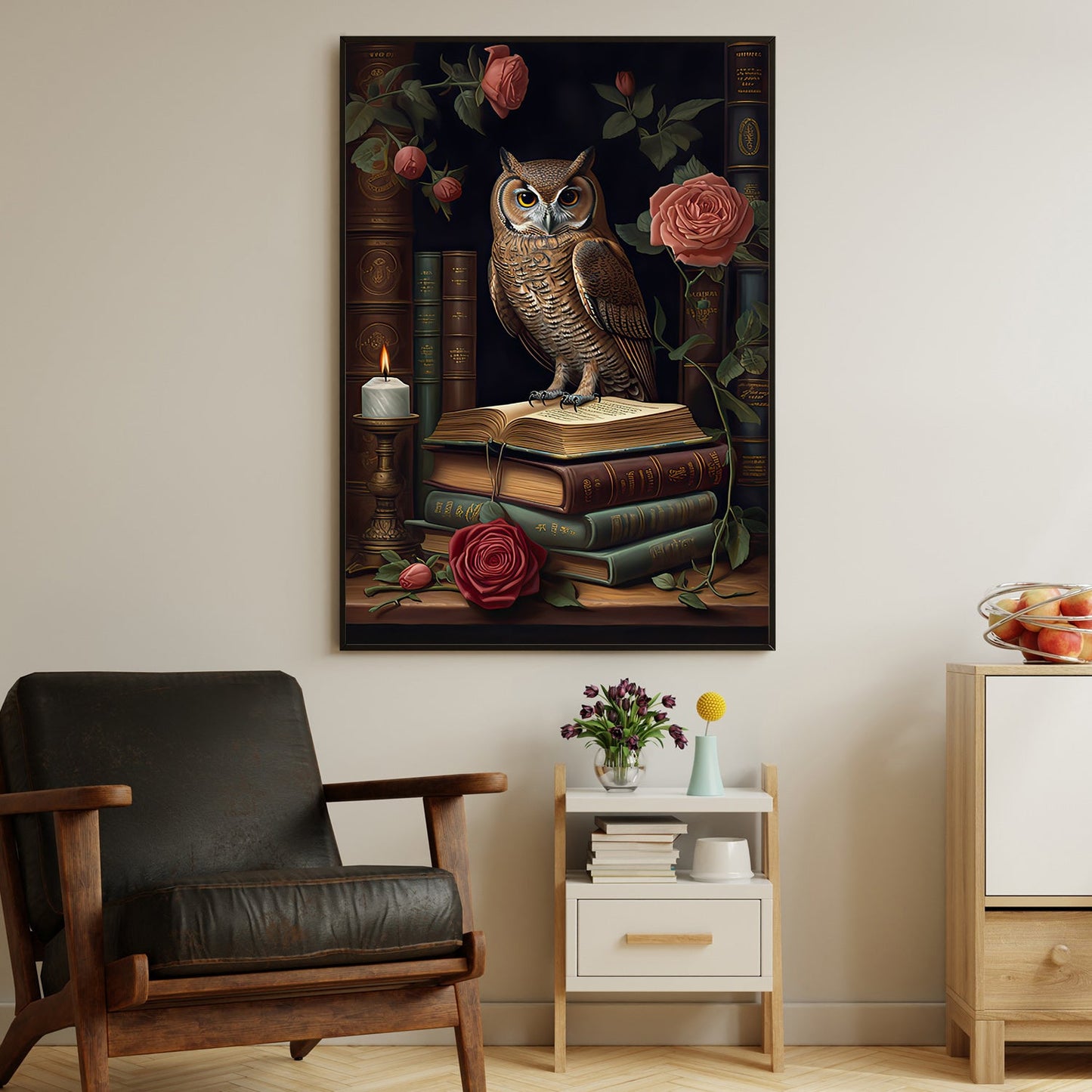 Owl Perched On The Book, Owl Canvas Painting, Wall Art Decor - Poster Gift For Book Lovers