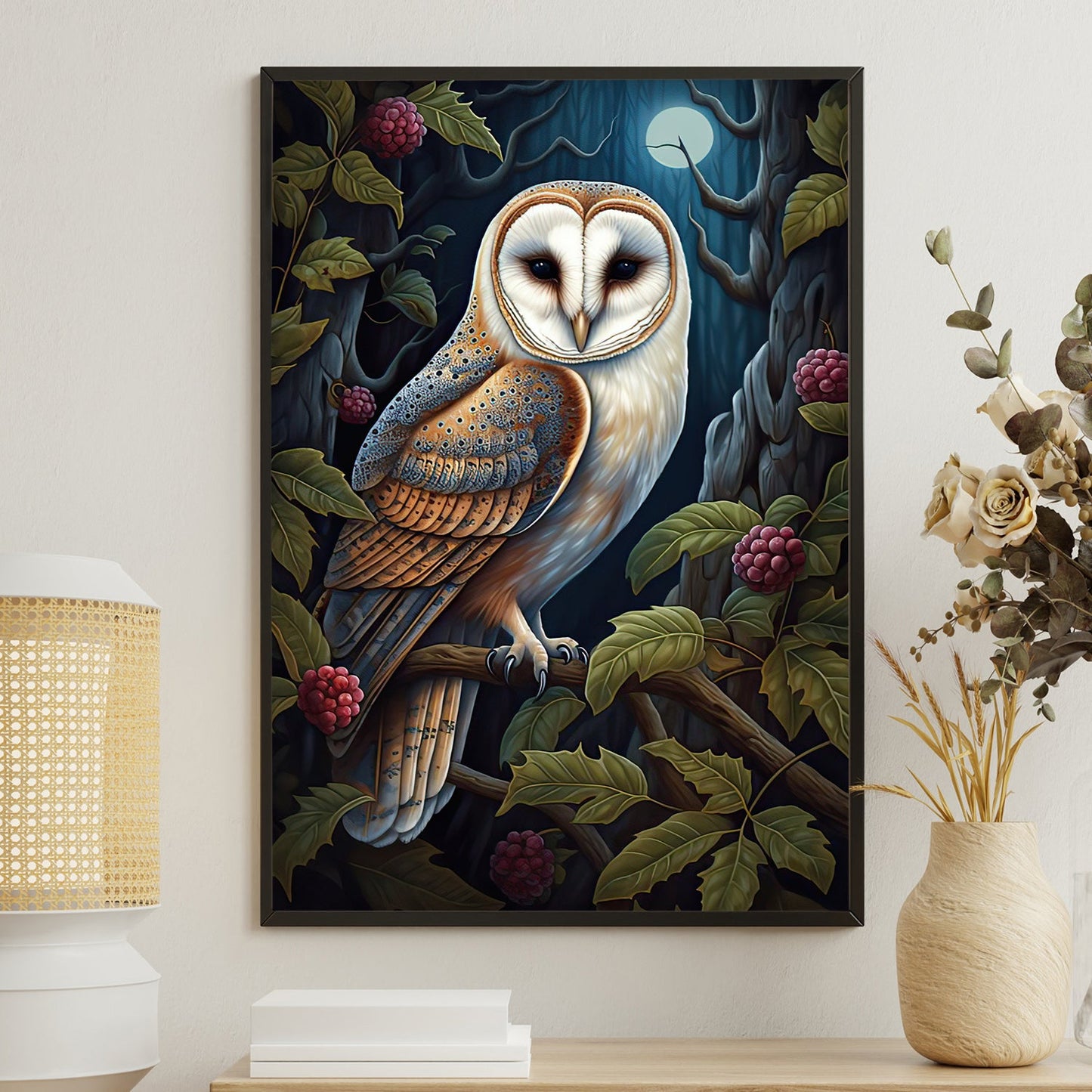 Owl Under The Moon, Owl Canvas Painting, Wall Art Decor - Poster Gift For Owl Lovers