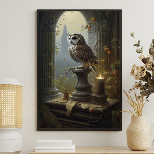 Vintage Owl Beside Window, Owl Canvas Painting, Wall Art Decor - Poster Gift For Owl Lovers